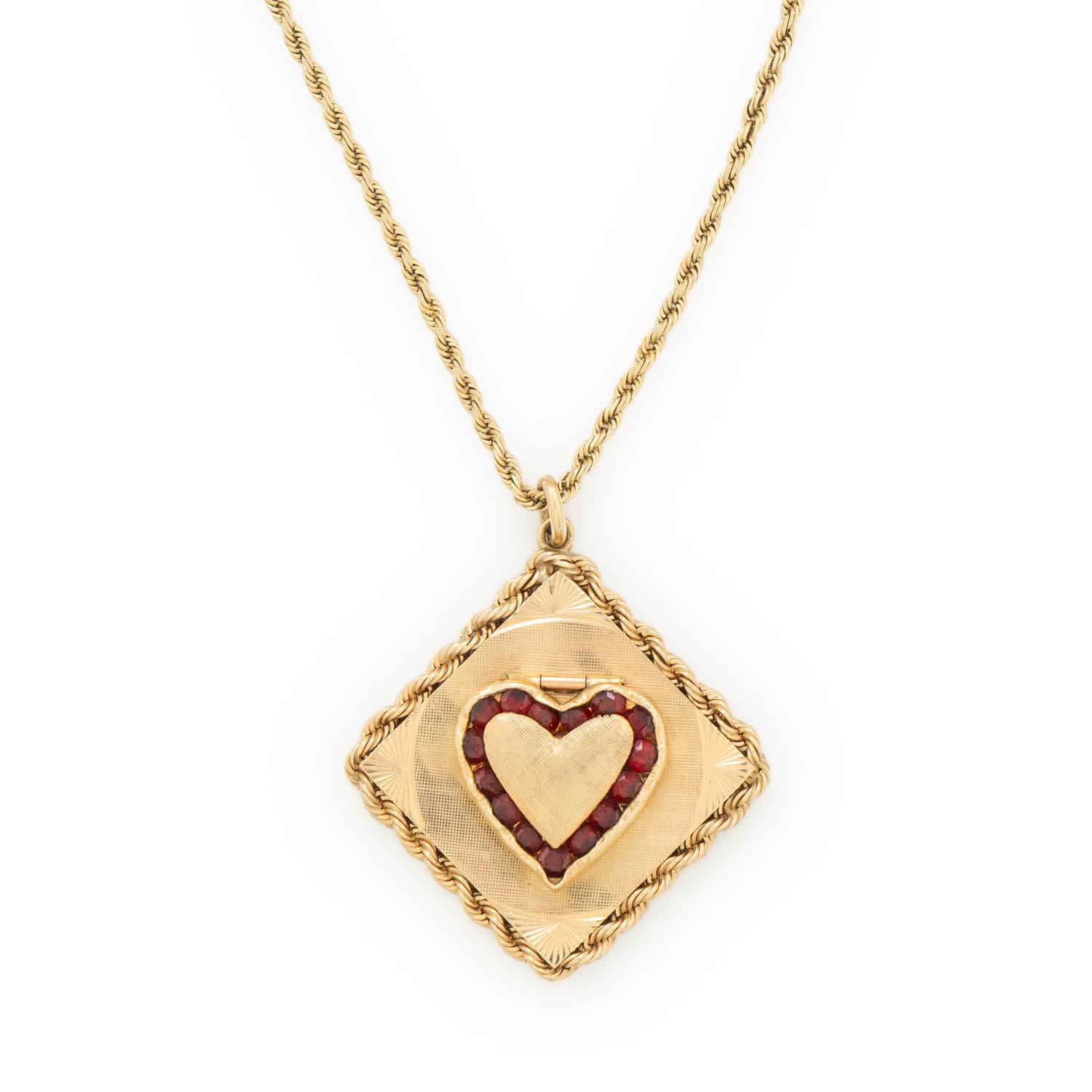 YELLOW GOLD AND GARNET HEART LOCKET NECKLACE