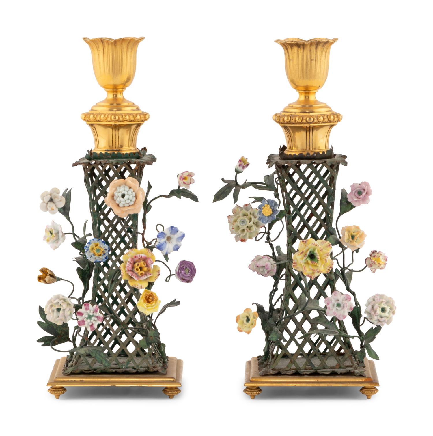 A Pair of Louis XVI Gilt Bronze, Tôle and Porcelain Candlesticks