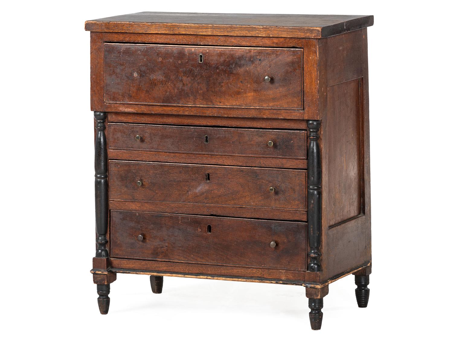 A Late Federal Parcel Ebonized Walnut Diminutive Child's Chest of Drawers