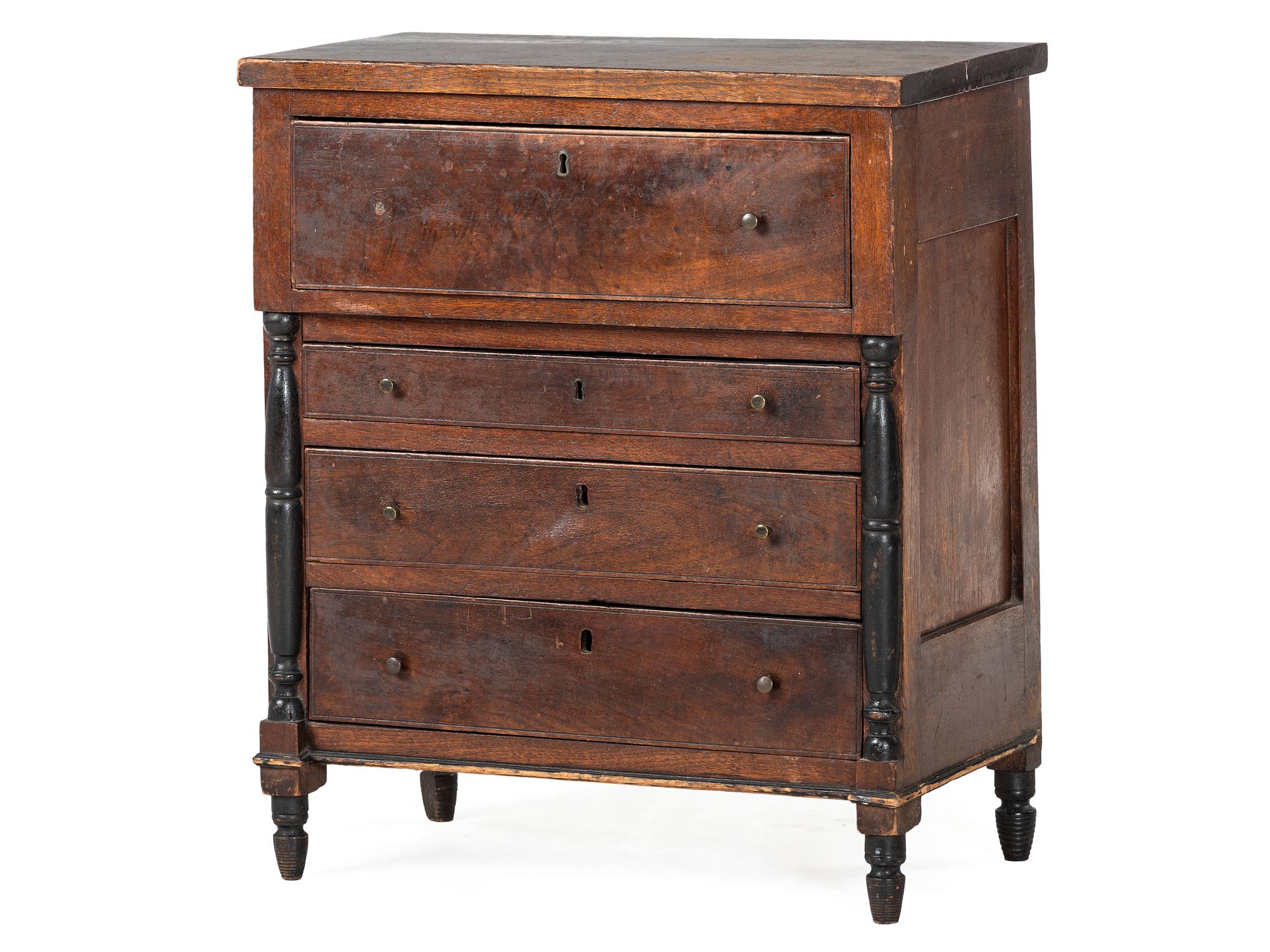 A Late Federal Parcel Ebonized Walnut Diminutive Child's Chest of Drawers