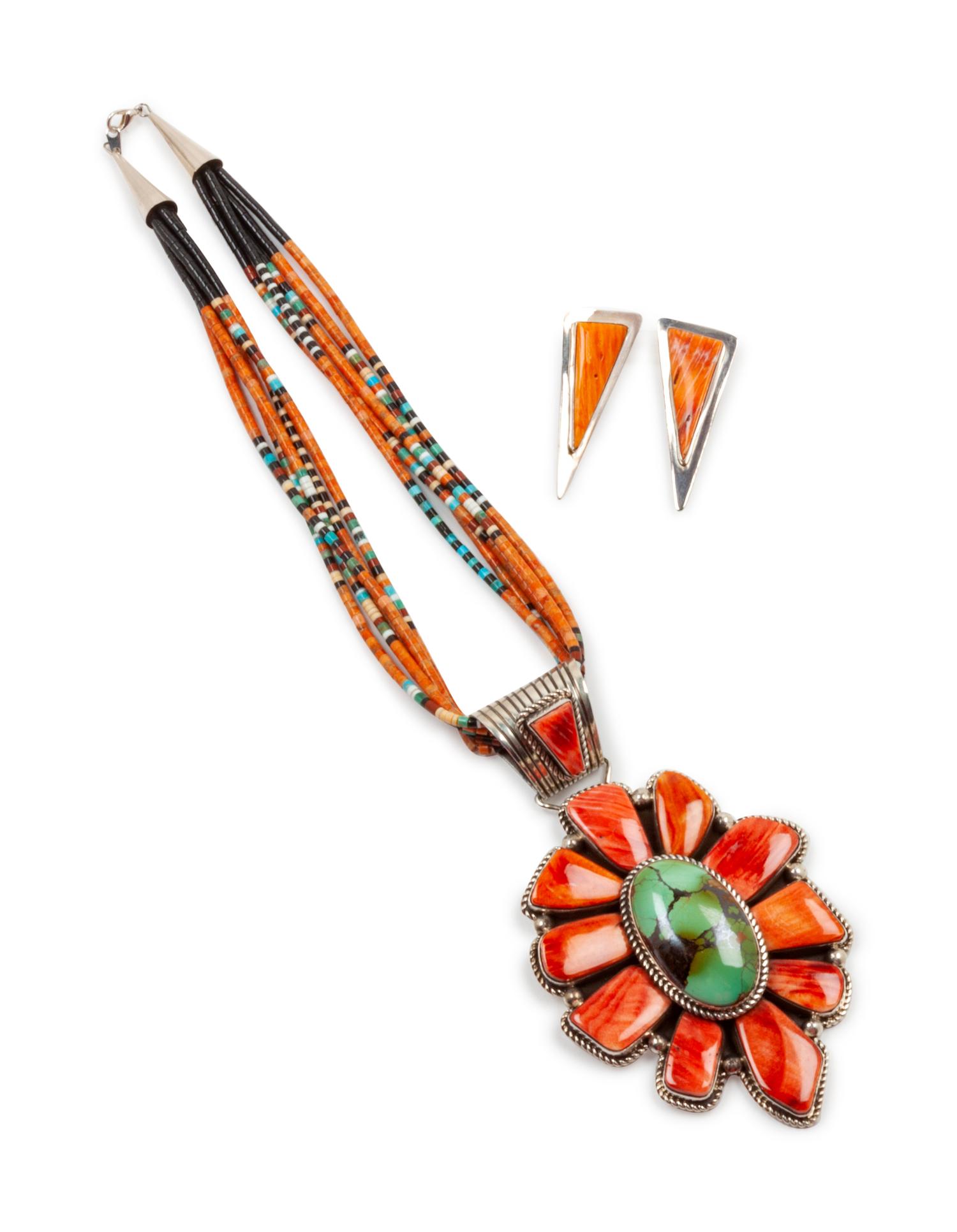 Spiny Oyster and Turquoise Necklace with Pendant, together with silver and spiny oyster ear clips