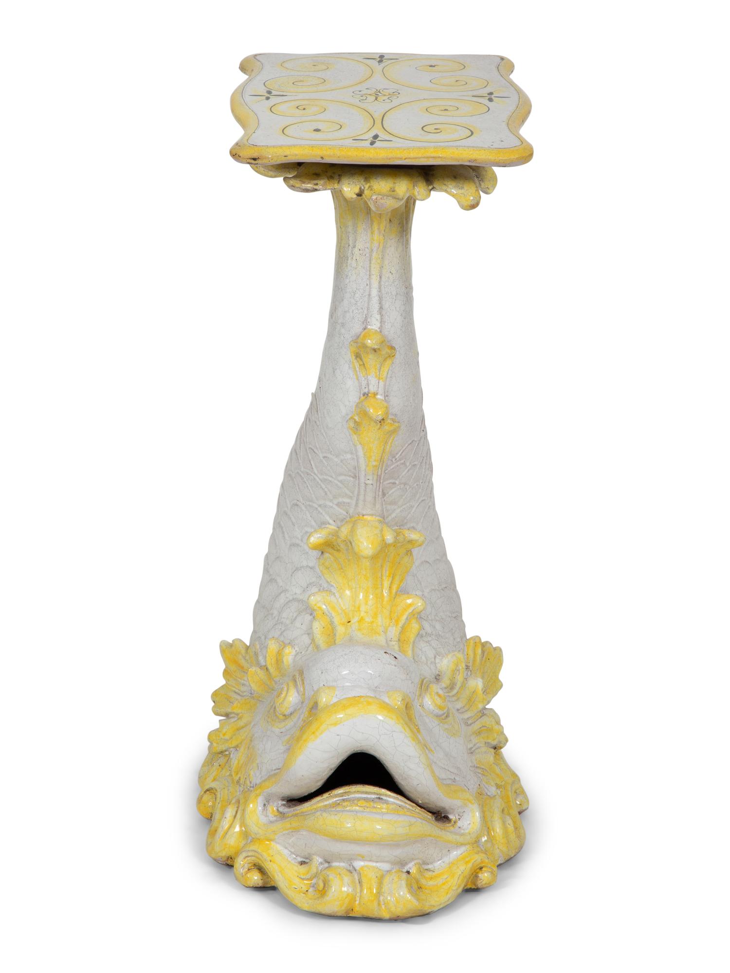 An Italian Glazed Ceramic Dolphin Base Side Table