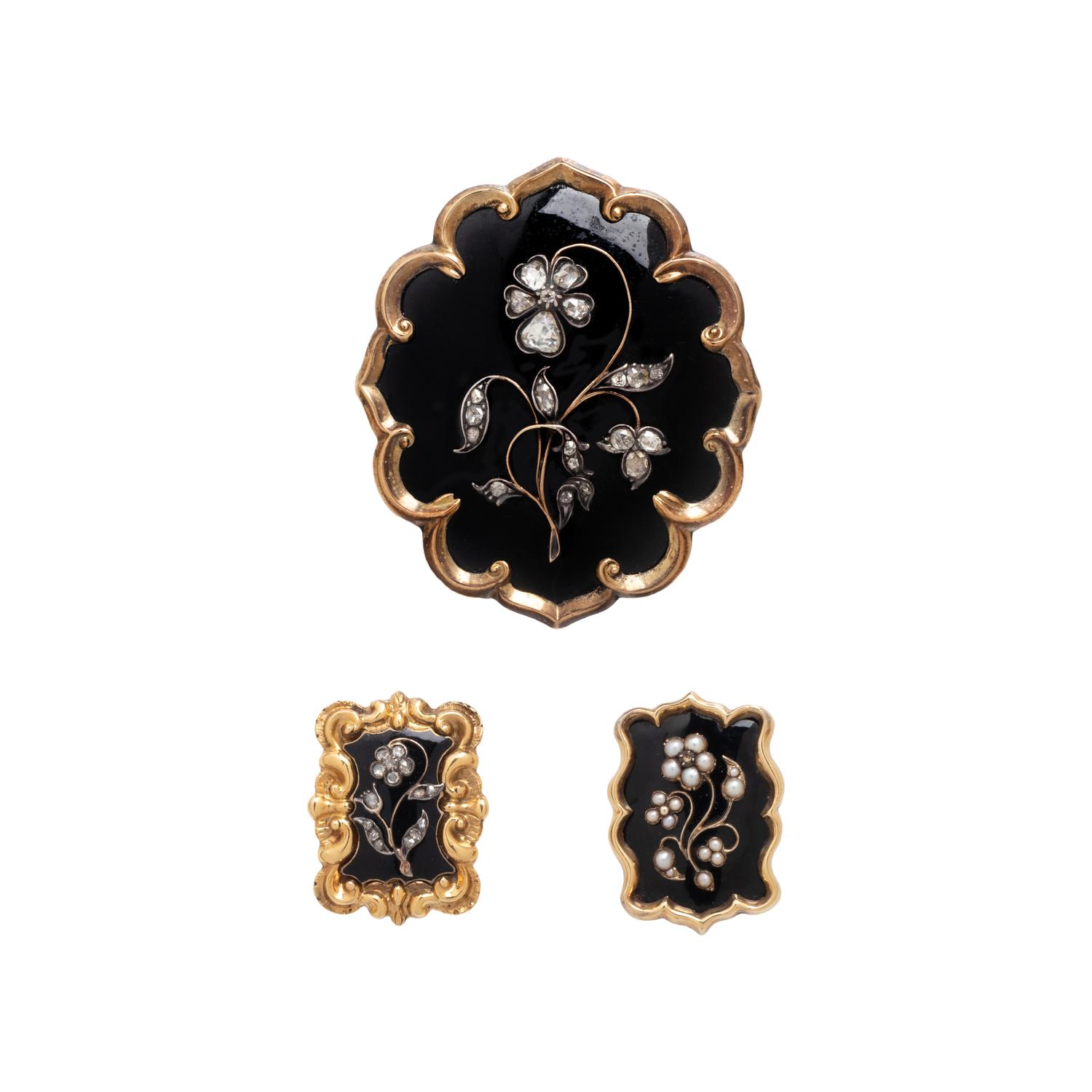 COLLECTION OF VICTORIAN, YELLOW GOLD, ENAMEL AND DIAMOND PINS