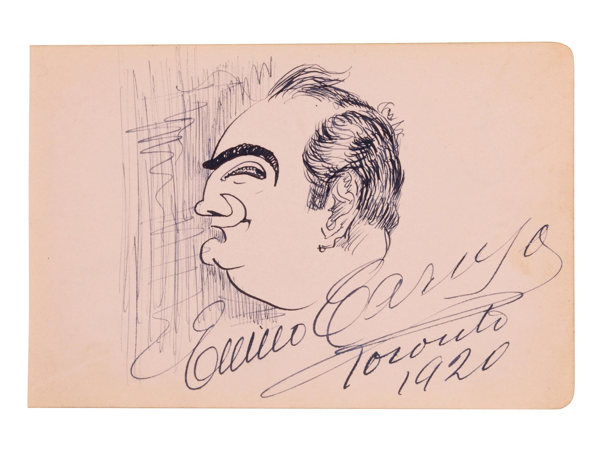 CARUSO, Enrico (1873-1921). Original drawing, self portrait profile caricature, in pen and ink, signed and dated lower right ("Enrico Caruso Toronto 1920").