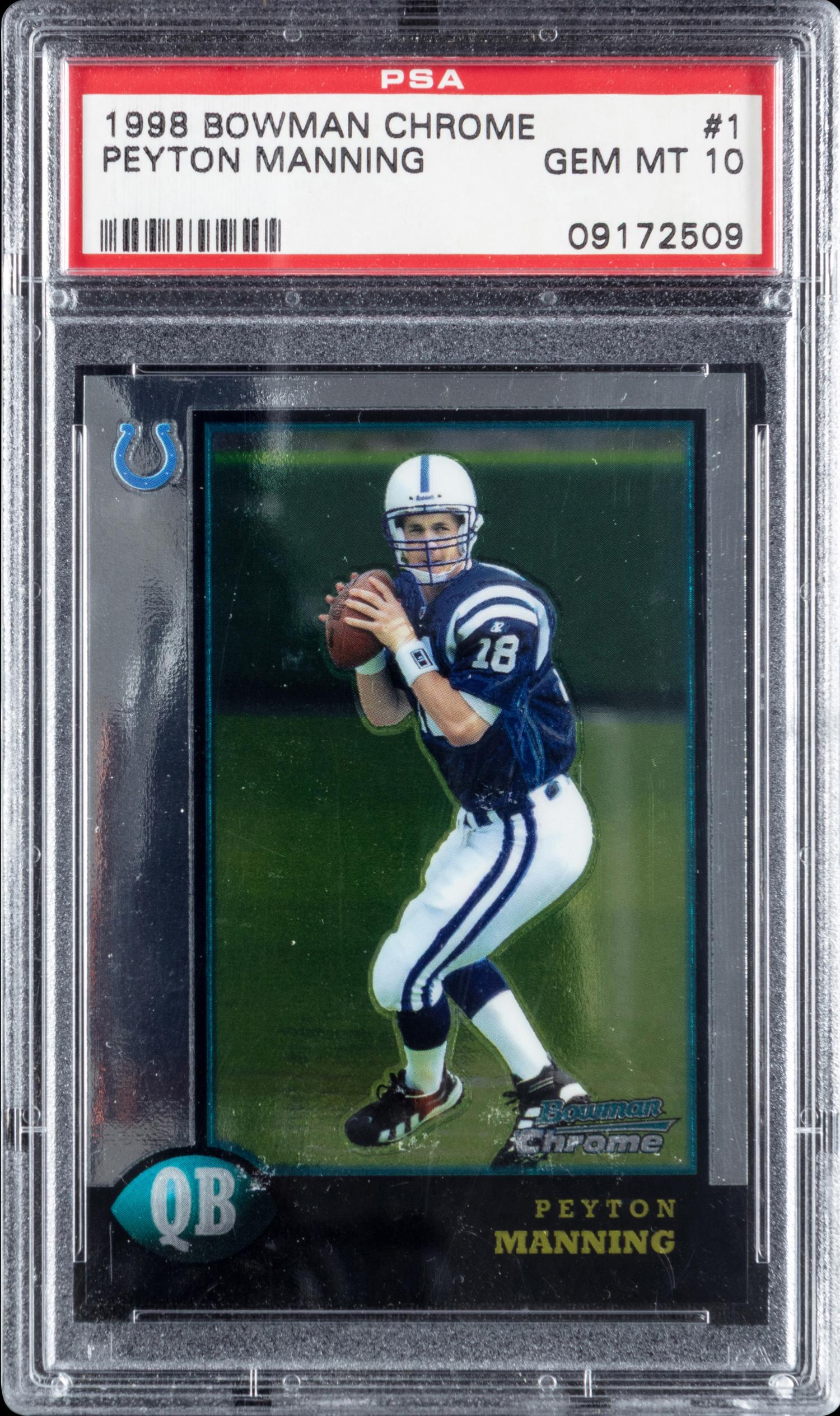 A 1998 Bowman Chrome Peyton Manning Rookie Football Card No. 1 (PSA 10 GEM MINT)