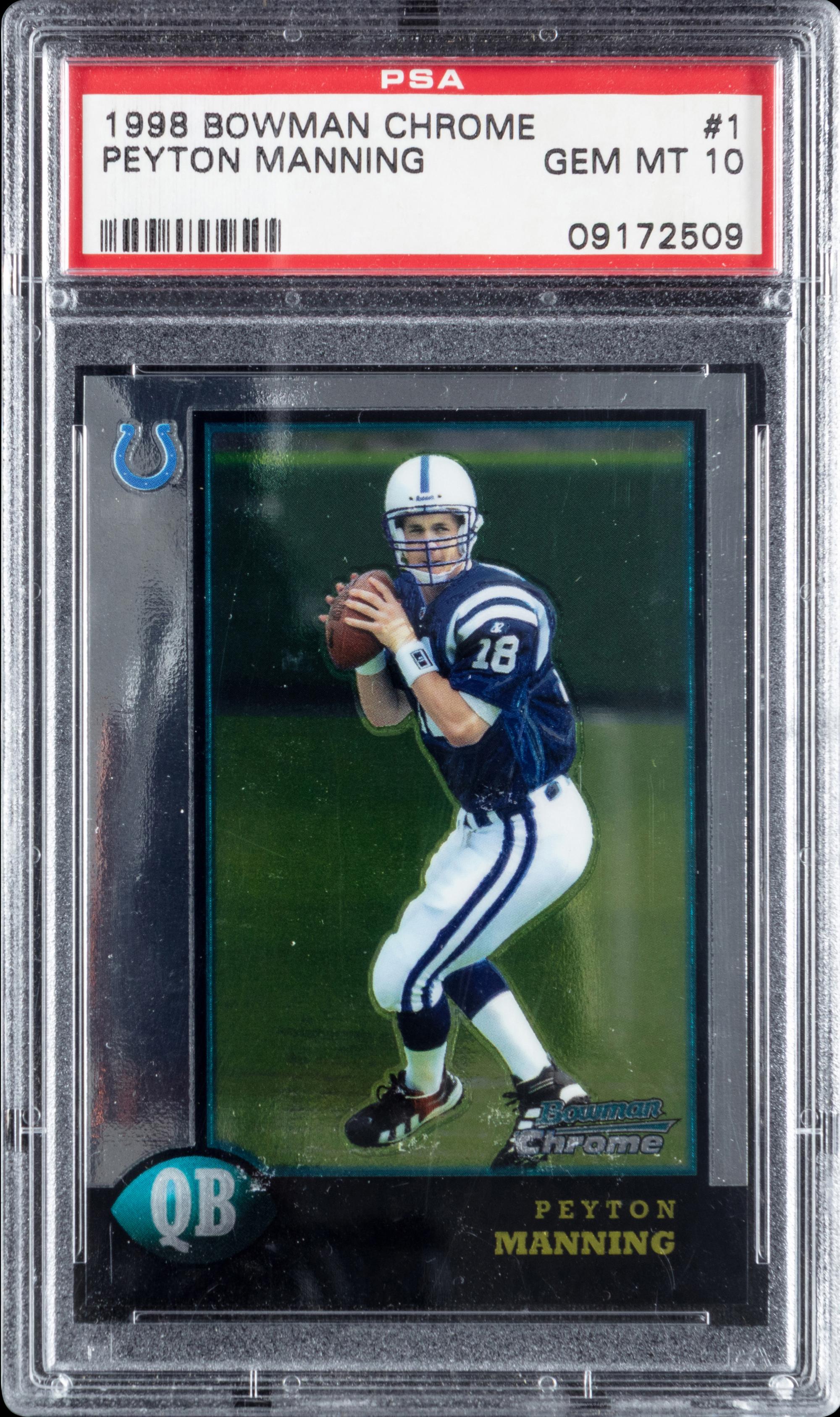 A 1998 Bowman Chrome Peyton Manning Rookie Football Card No. 1 (PSA 10 GEM MINT)