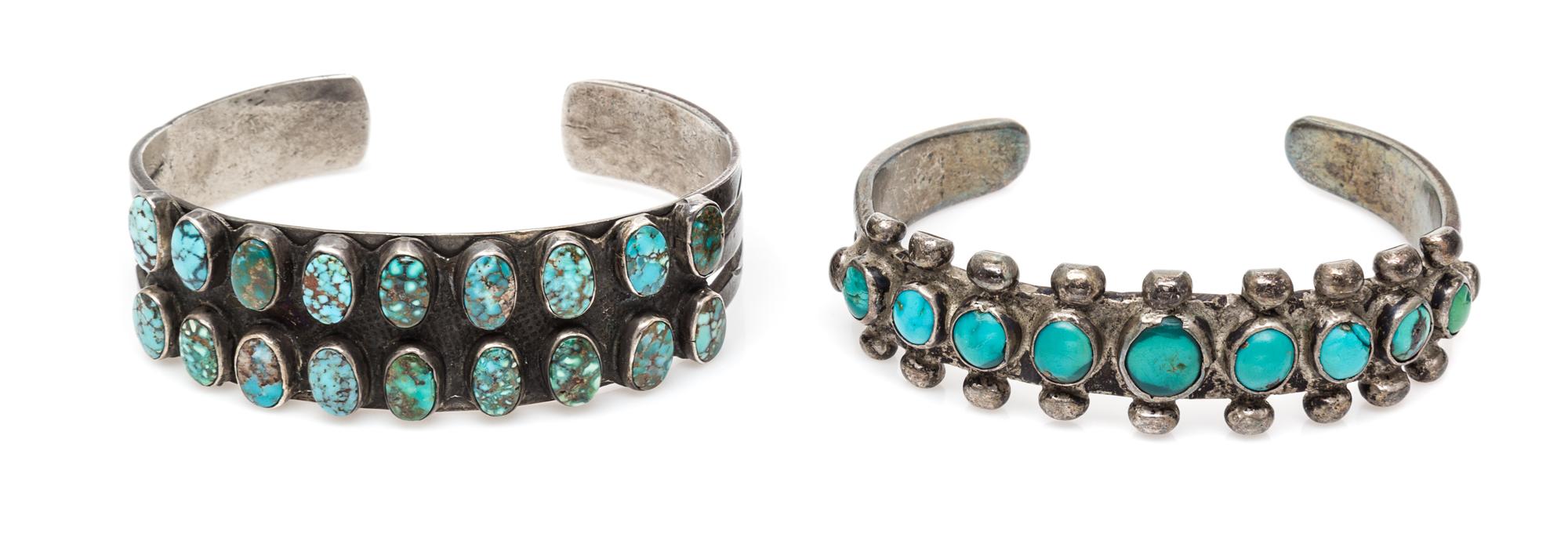 A Collection of Silver and Turquoise Cuff Bracelets, 54.30 dwts.