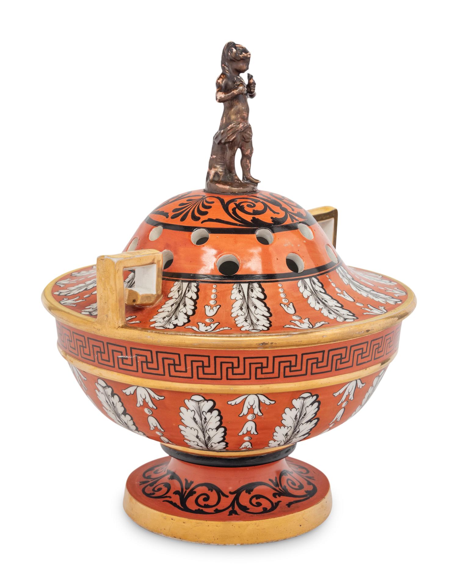 An English Neoclassical Orange-Ground Porcelain Potpourri Bowl and Cover