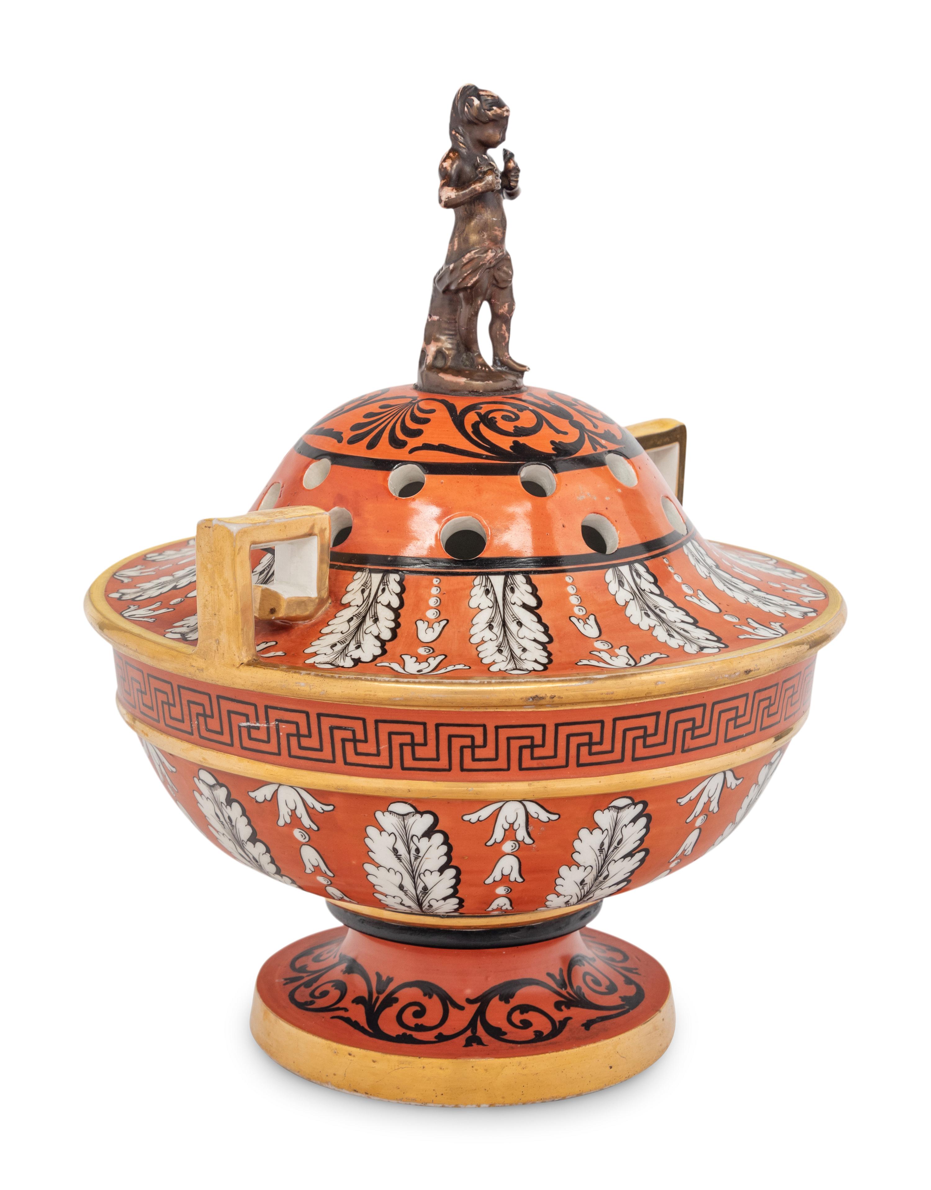 An English Neoclassical Orange-Ground Porcelain Potpourri Bowl and Cover