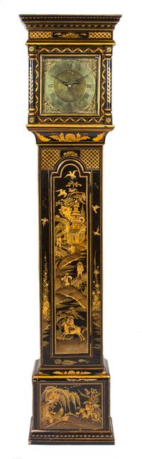 A George II Black-Japanned and Parcel-Gilt Longcase Clock Height 77 inches. — Cornelius Muzzell Horsham, 18th Century