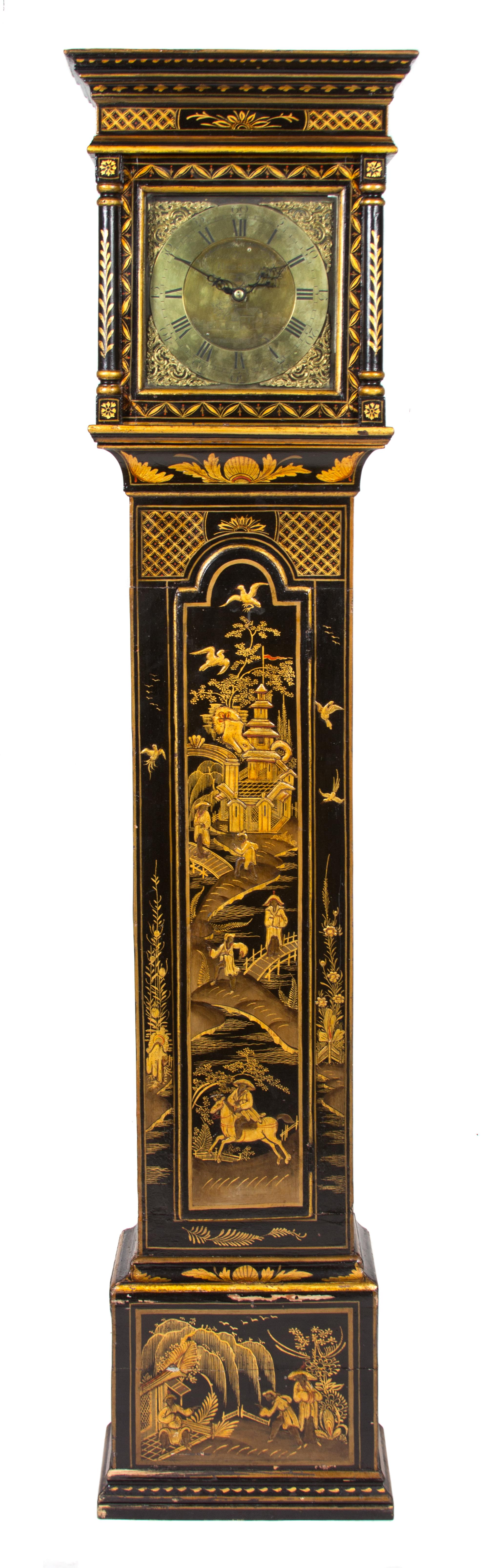 A George II Black-Japanned and Parcel-Gilt Longcase Clock Height 77 inches. — Cornelius Muzzell Horsham, 18th Century