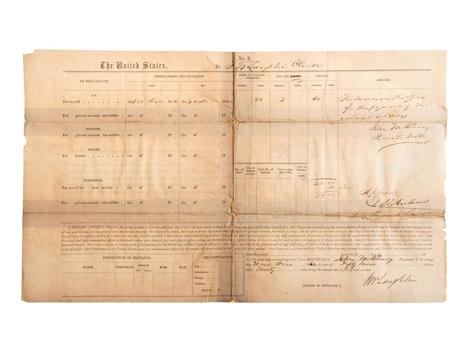 [MILITARIA INCLUDING THE CIVIL WAR]. A group of 8 items, incl. Confederate bond, southern newspaper, Union pay roster, signature of M. Genl. Sheridan, GAR pin and more.