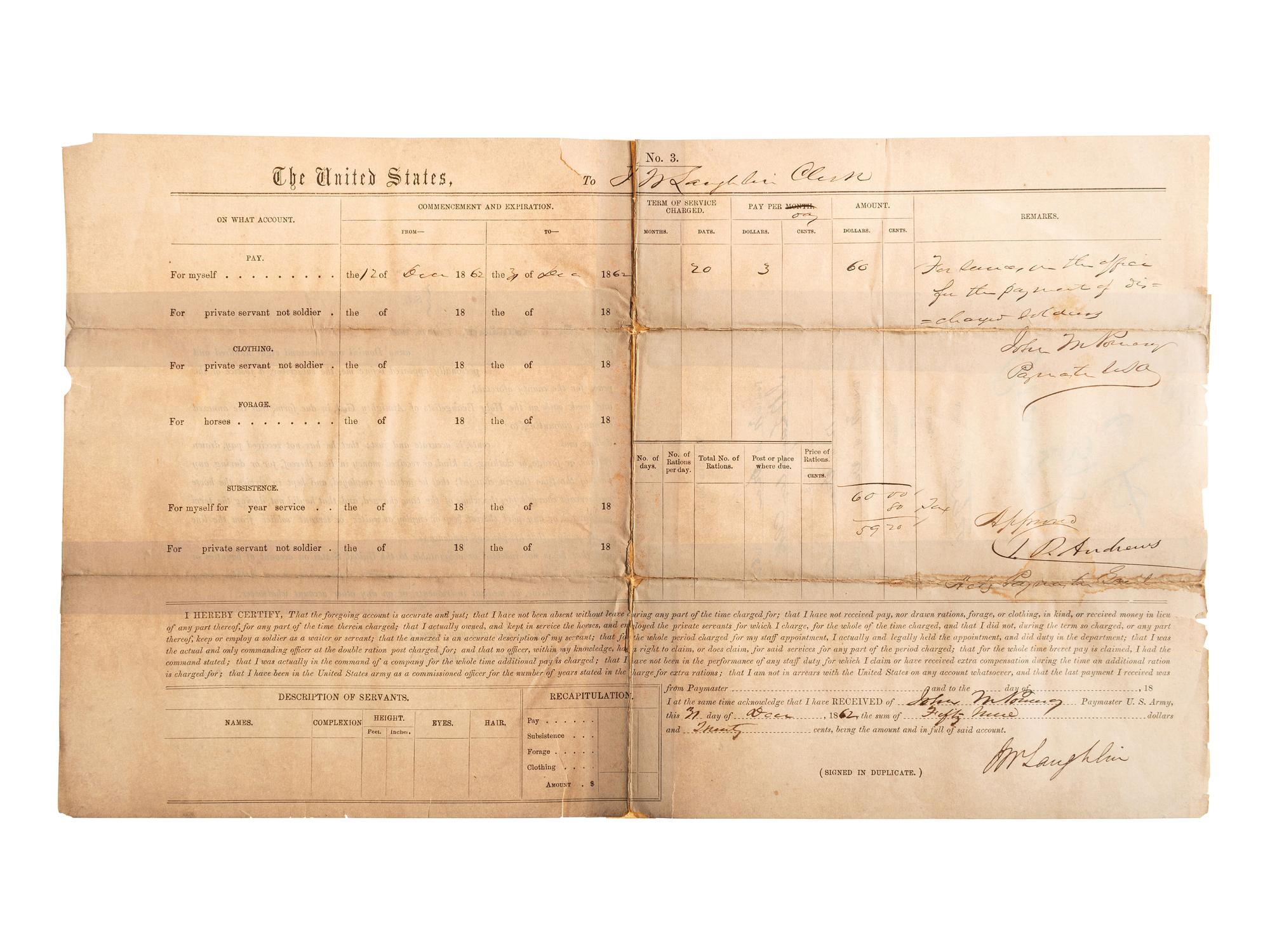 [MILITARIA INCLUDING THE CIVIL WAR]. A group of 8 items, incl. Confederate bond, southern newspaper, Union pay roster, signature of M. Genl. Sheridan, GAR pin and more.