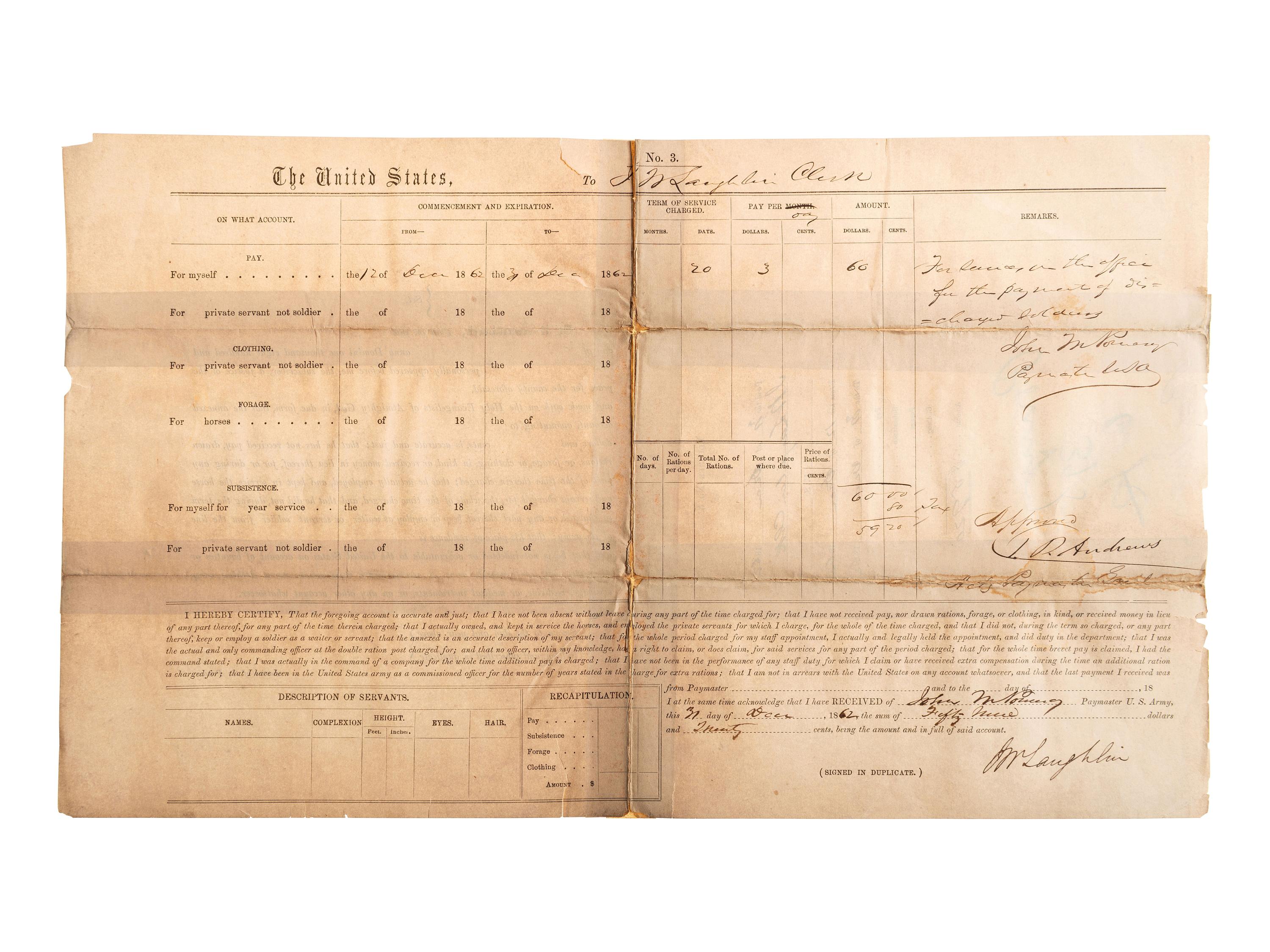 [MILITARIA INCLUDING THE CIVIL WAR]. A group of 8 items, incl. Confederate bond, southern newspaper, Union pay roster, signature of M. Genl. Sheridan, GAR pin and more.