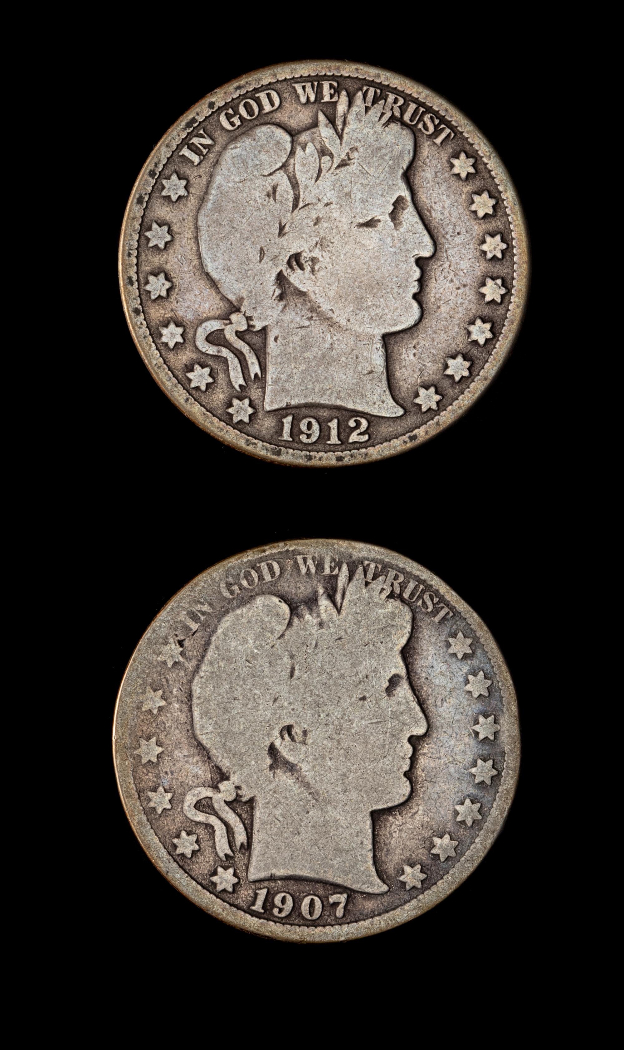Two United States Barber Half-Dollar Coins — 1907-D & 1912-D