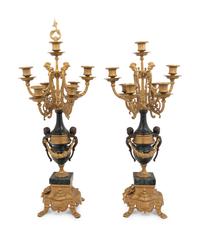 A Pair of Empire Style Gilt Metal Mounted Marble Seven-Light Candelabra