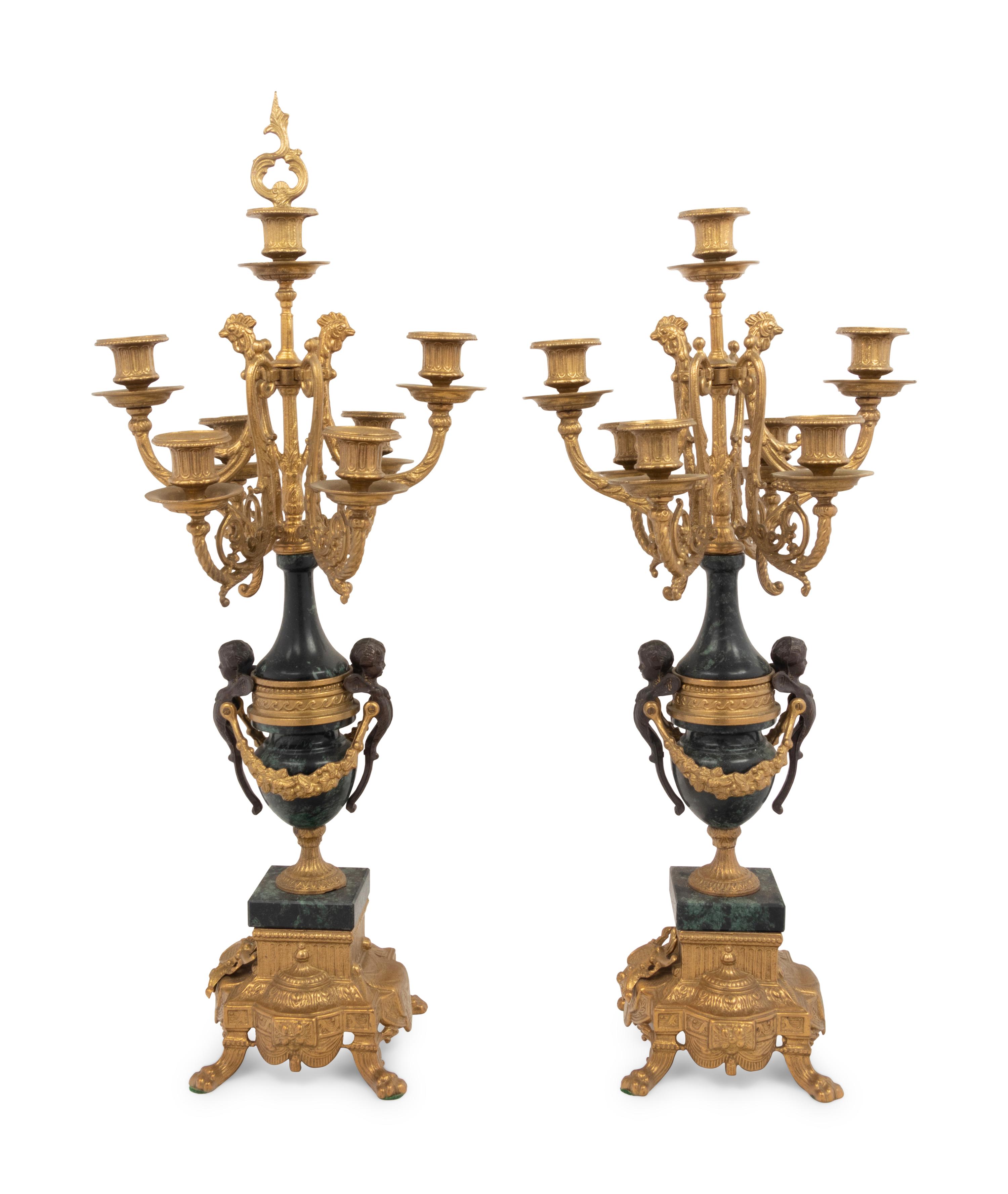 A Pair of Empire Style Gilt Metal Mounted Marble Seven-Light Candelabra