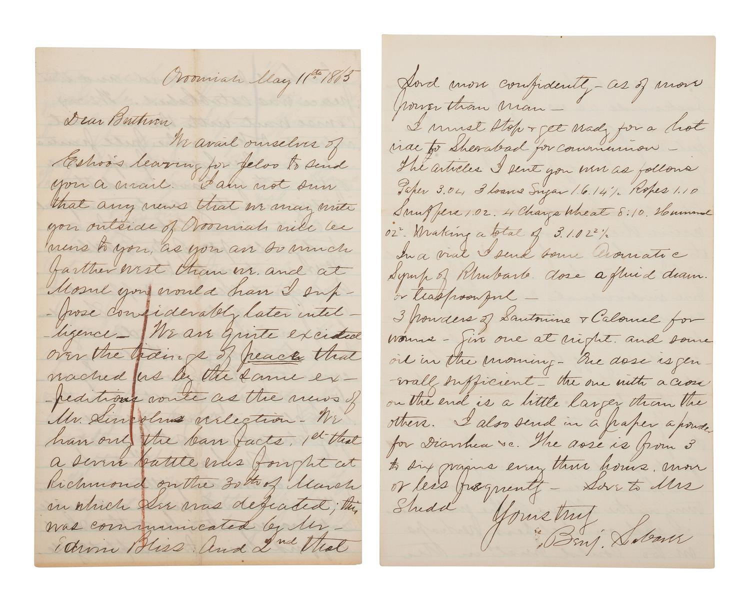 [RELIGION] -- SHEDD, Sarah Dawes (1836-1921). Archive featuring letters written by pioneering missionary Sarah Dawes Shedd while serving in modern-day Turkey, Iraq, and Iran, 1859-1893.
