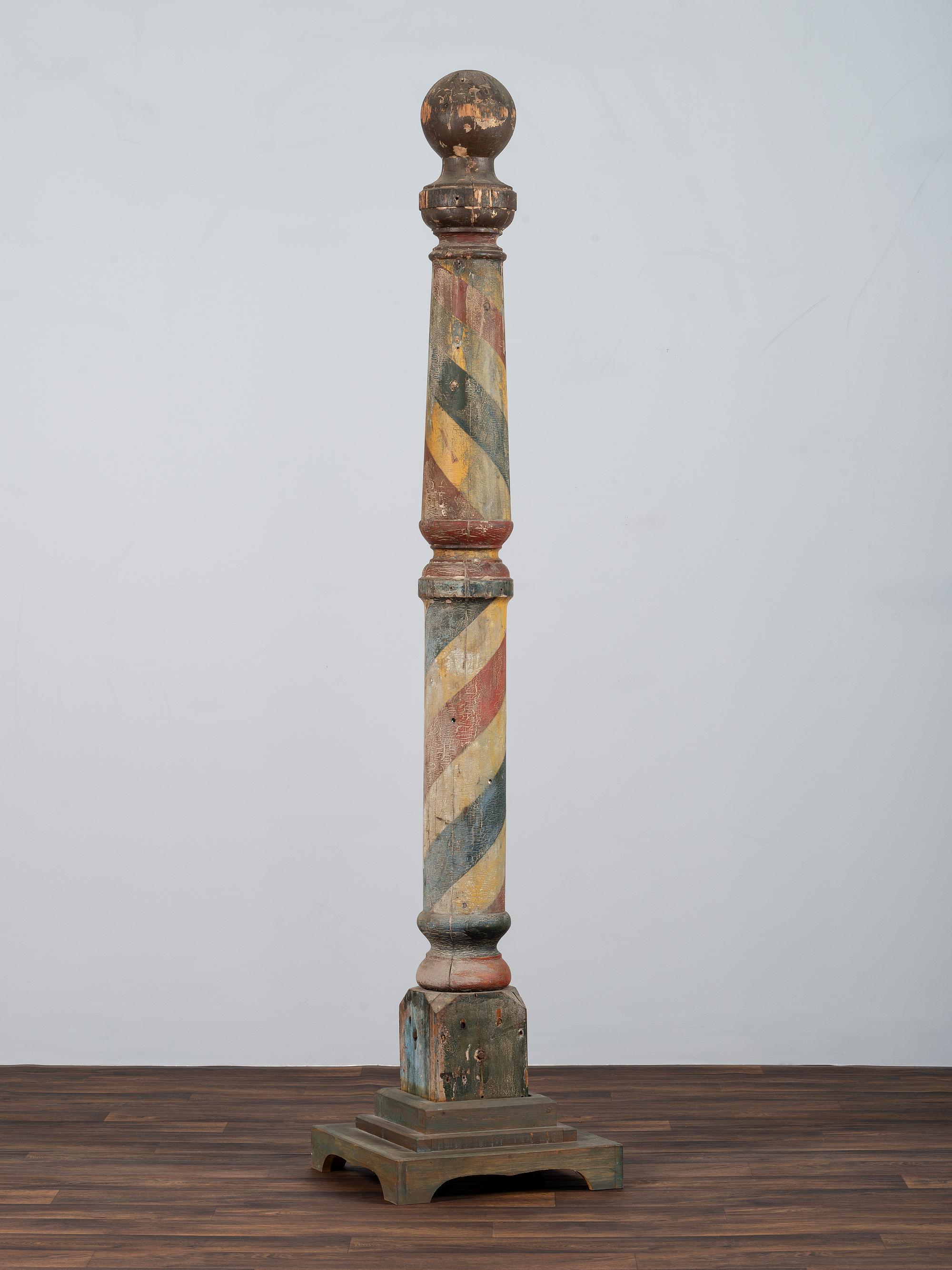 A Turned and Paint Decorated Wood Barber Pole
