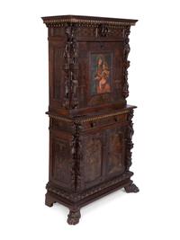 A Spanish Colonial Style Carved Oak and Painted Vargueno Cabinet on Base — 19TH CENTURY