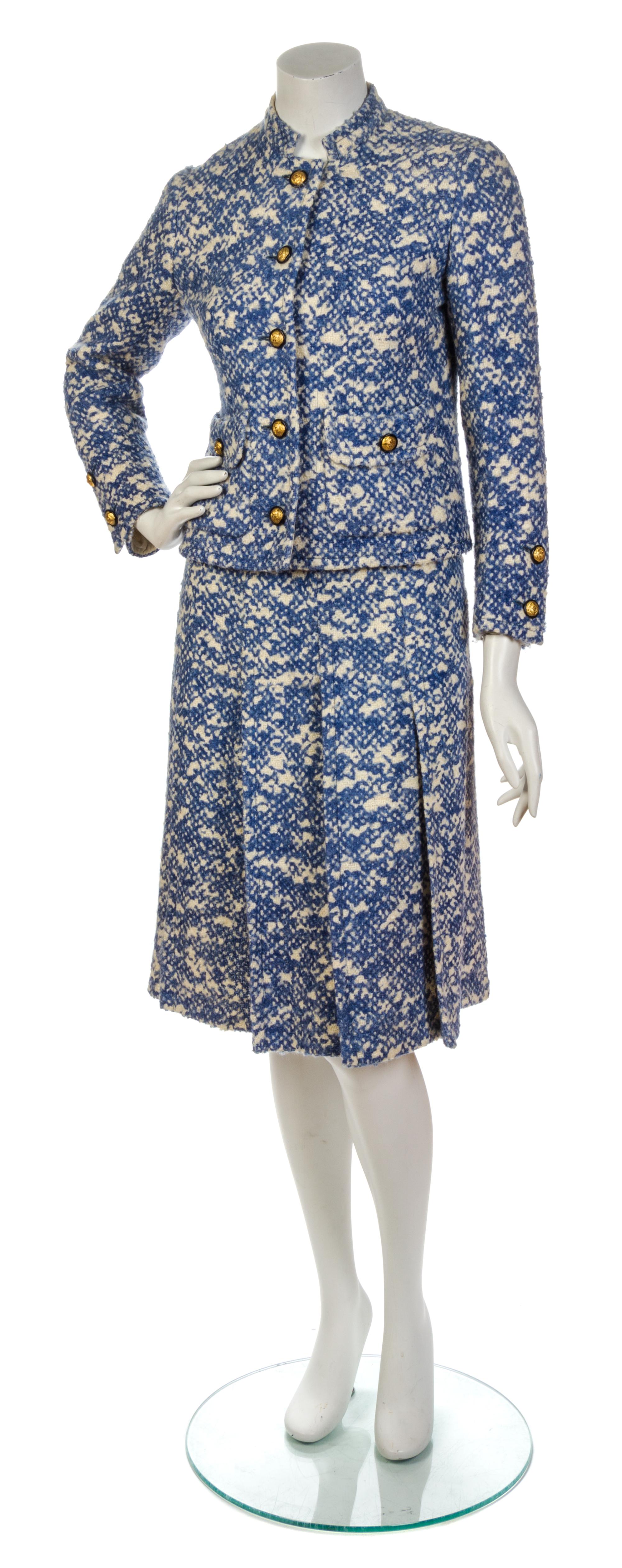 A Chanel Couture Blue and Ivory Wool Tweed Skirt Suit,