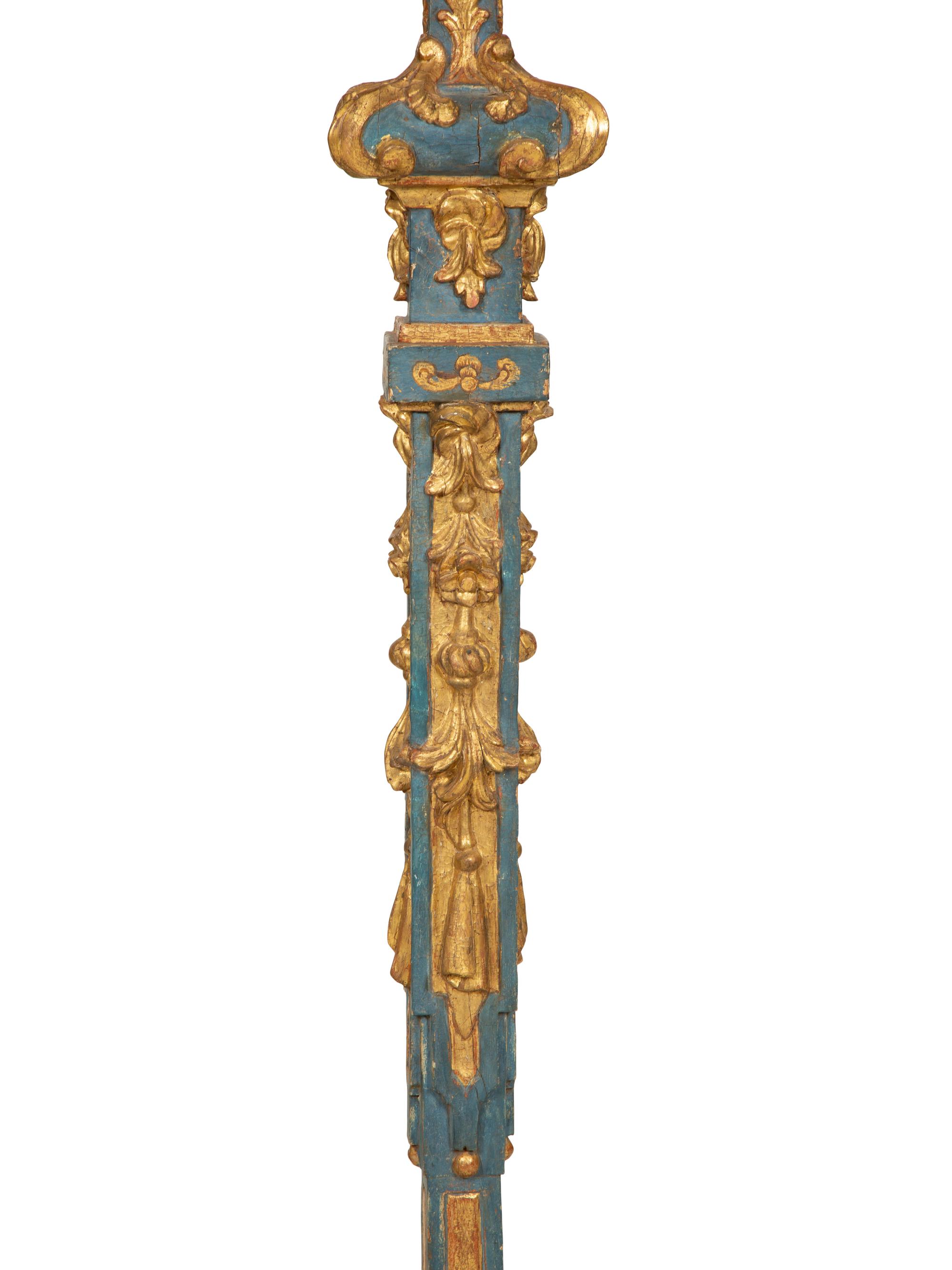 A Pair of Italian Baroque Blue-Painted and Parcel-Gilt Pedestals