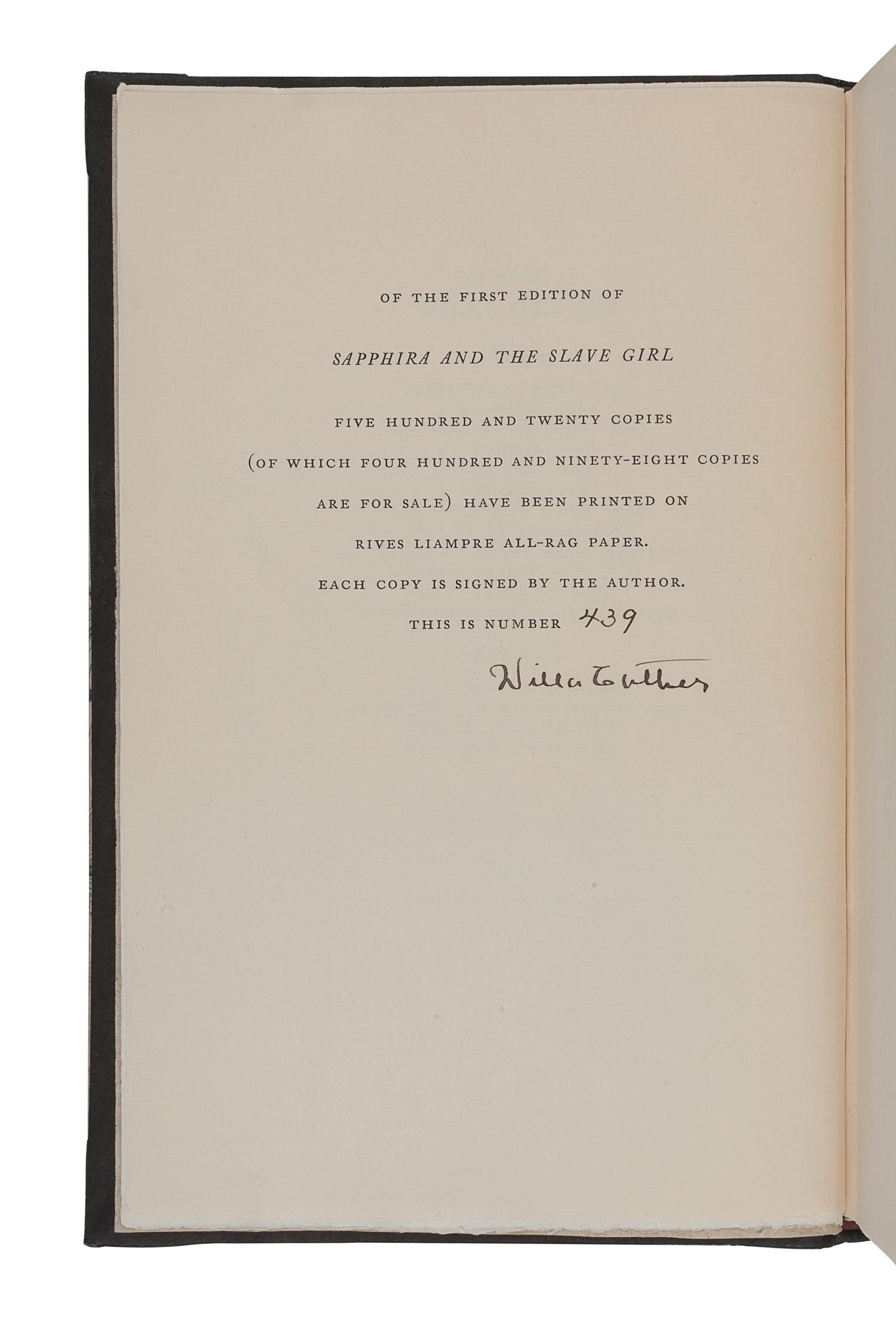 CATHER, Willa (1873-1947). Sapphira and the Slave Girl . New York: Alfred A. Knopf, 1940.
