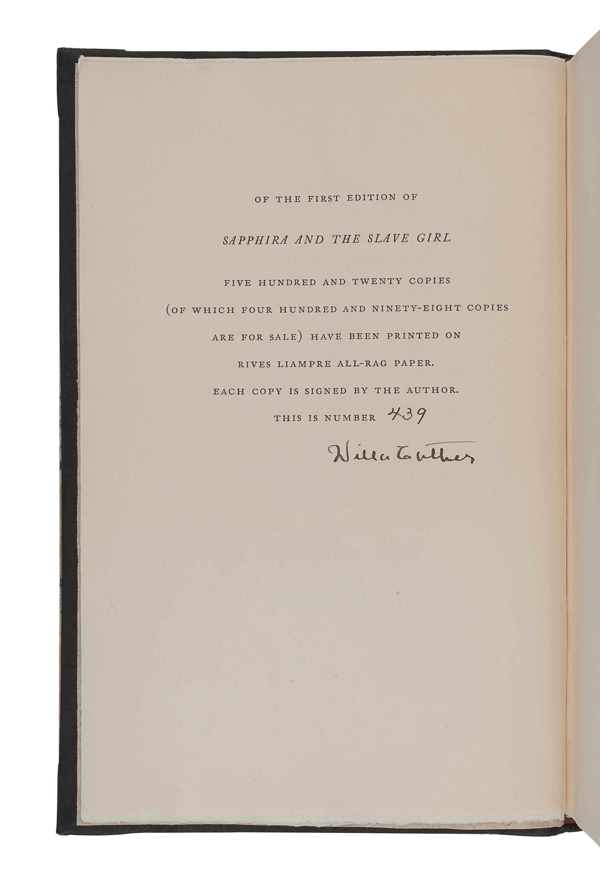 CATHER, Willa (1873-1947). Sapphira and the Slave Girl . New York: Alfred A. Knopf, 1940.