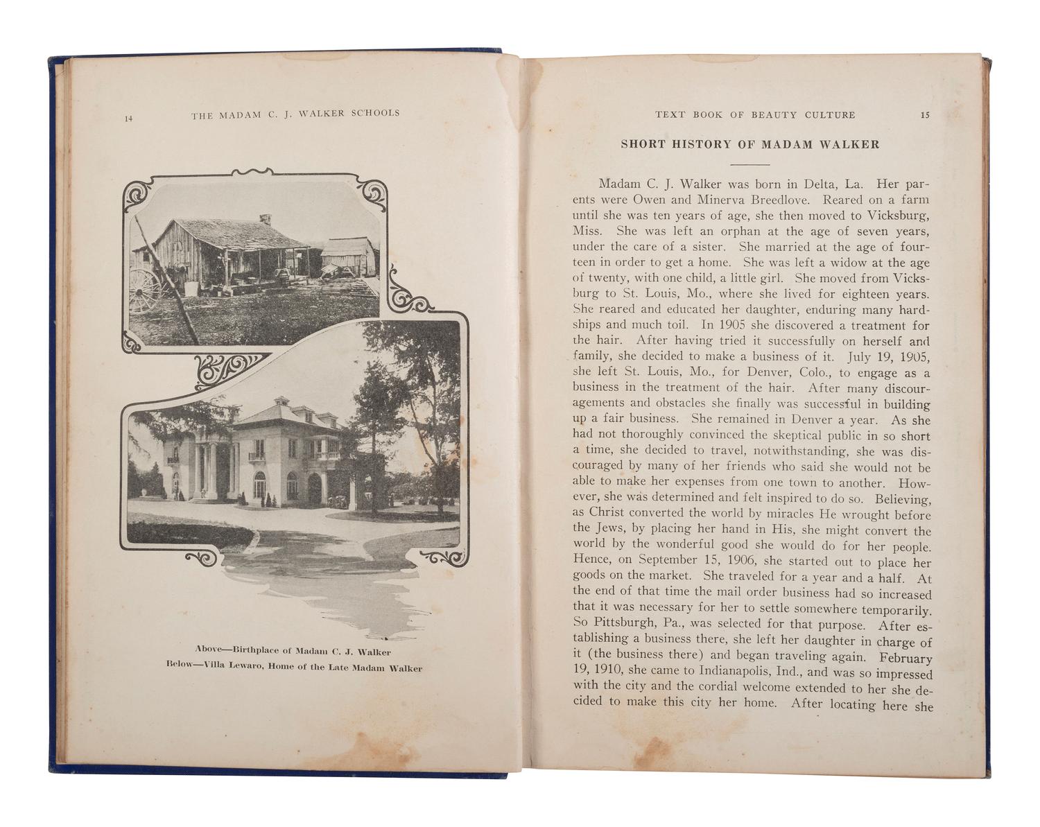 [BUSINESS -- WALKER, Madam C.J. (born Sarah Breedlove, 1867-1919)]. The Madam C.J. Walker Beauty Manual: A Thorough Treatise Covering All Branches of Beauty Culture. FIRST EDITION. Indianapolis: The Madam C.J. Walker Manufacturing Co. Inc., ca 1928.