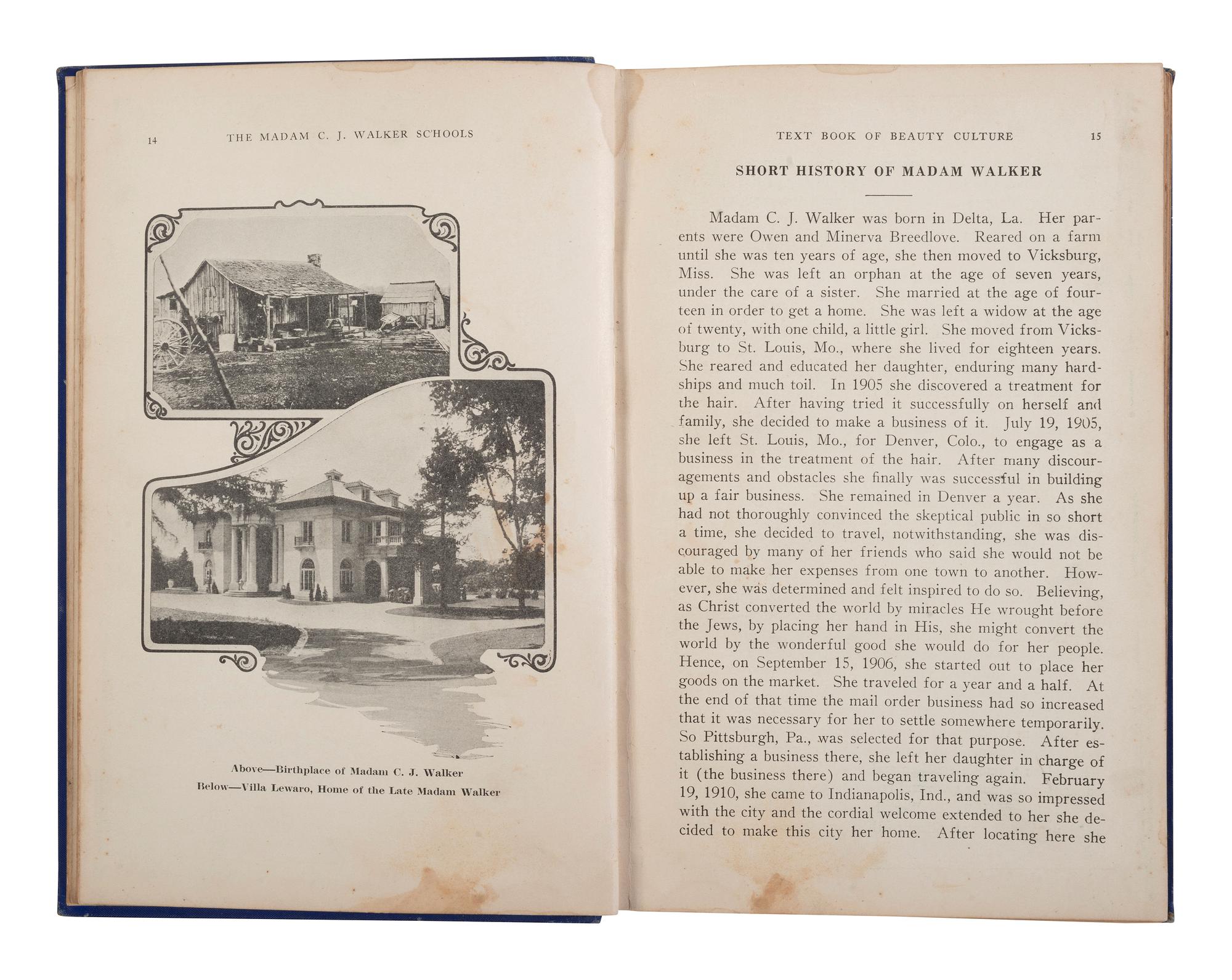 [BUSINESS -- WALKER, Madam C.J. (born Sarah Breedlove, 1867-1919)]. The Madam C.J. Walker Beauty Manual: A Thorough Treatise Covering All Branches of Beauty Culture. FIRST EDITION. Indianapolis: The Madam C.J. Walker Manufacturing Co. Inc., ca 1928.