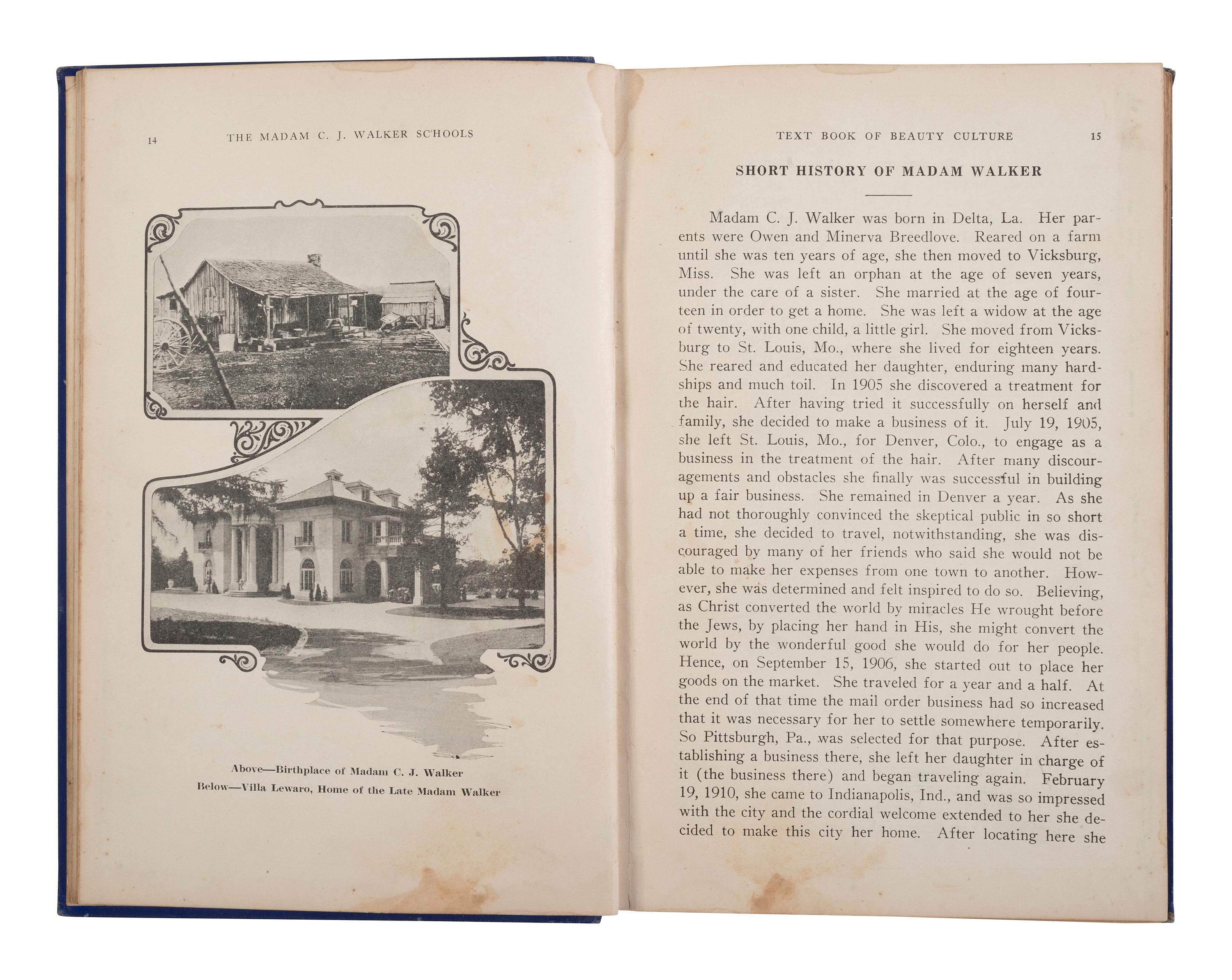 [BUSINESS -- WALKER, Madam C.J. (born Sarah Breedlove, 1867-1919)]. The Madam C.J. Walker Beauty Manual: A Thorough Treatise Covering All Branches of Beauty Culture. FIRST EDITION. Indianapolis: The Madam C.J. Walker Manufacturing Co. Inc., ca 1928.