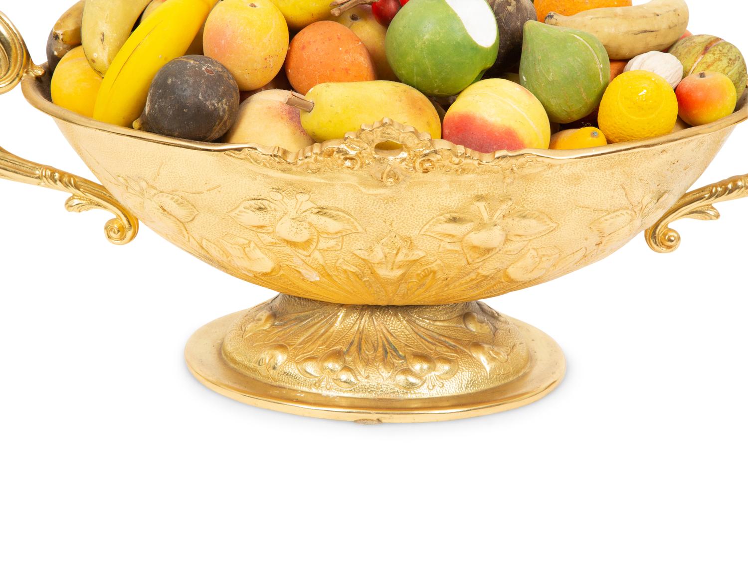 An Italian Gilt Metal Centerpiece Bowl with Hardstone Fruit