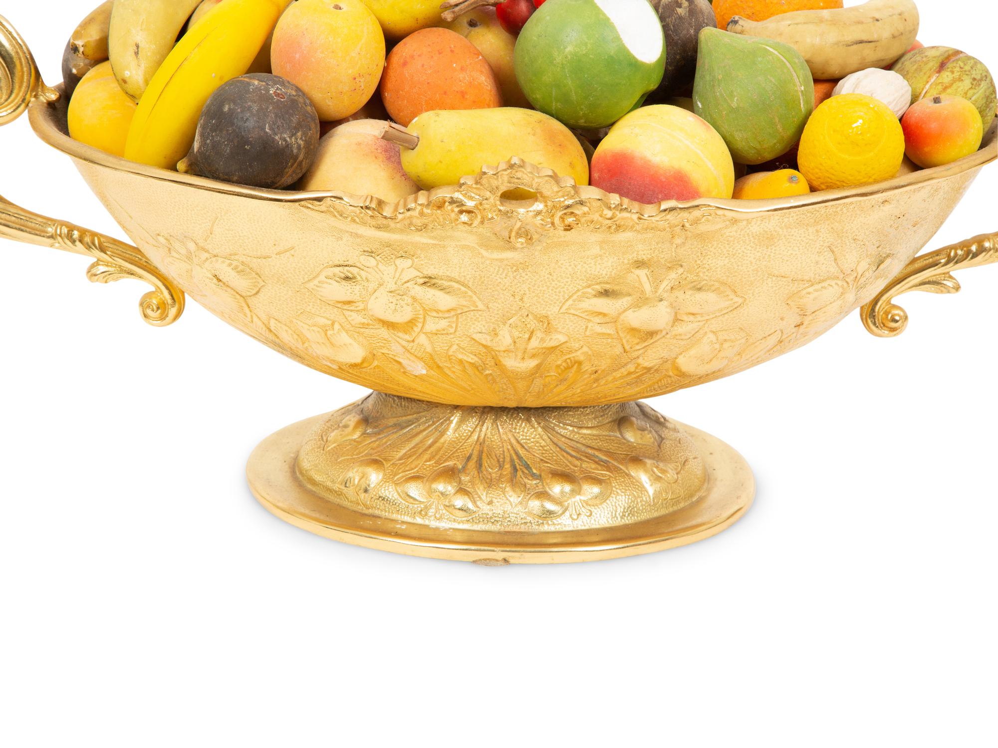 An Italian Gilt Metal Centerpiece Bowl with Hardstone Fruit