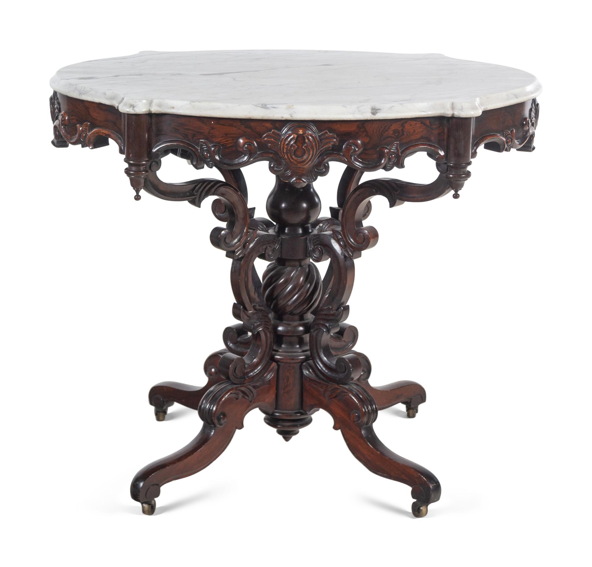 A Victorian Rococo Revival Rosewood Marble-Top Table