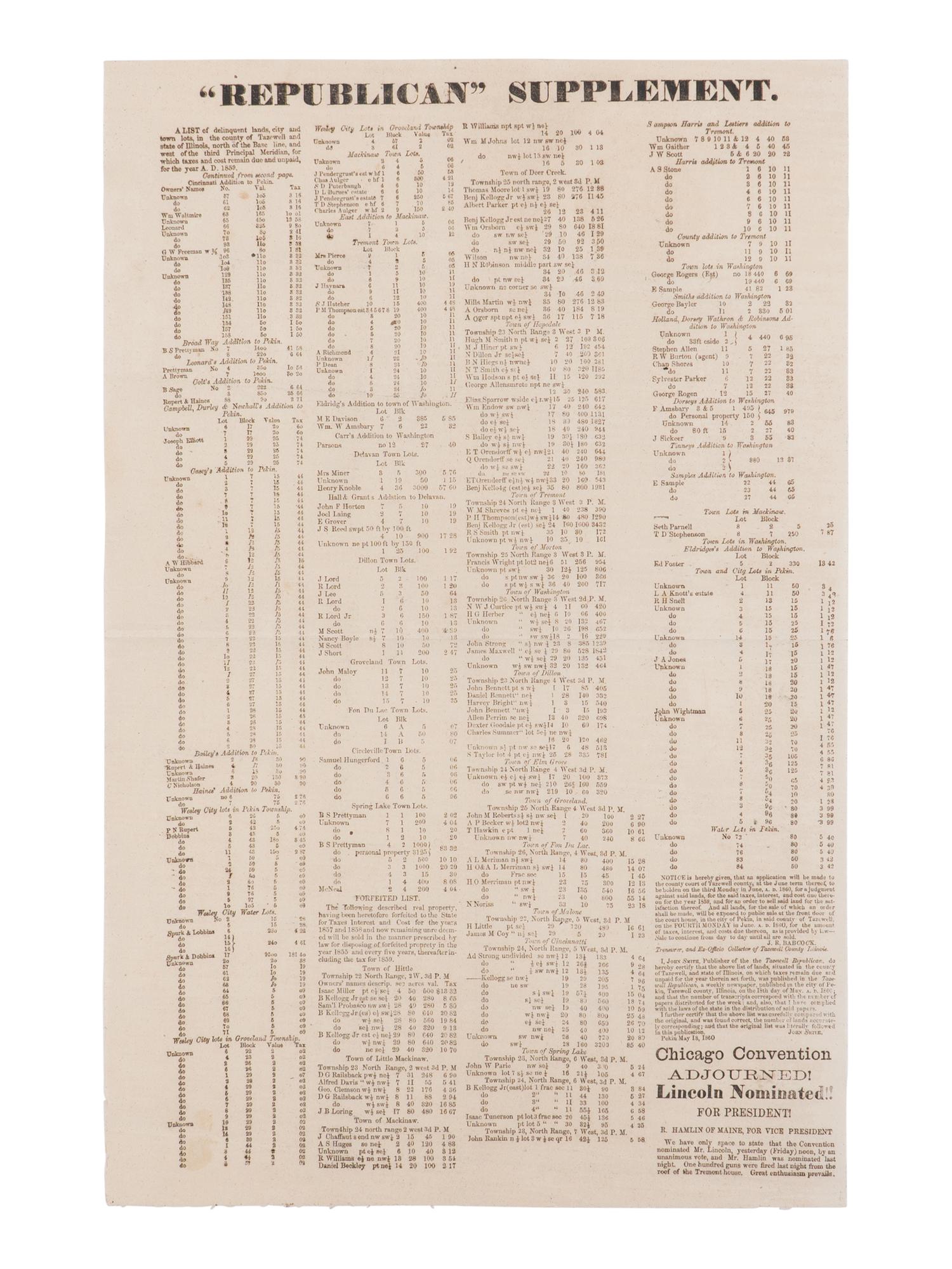 [LINCOLN-HAMLIN CAMPAIGN]. "Republican" Supplement...Chicago Convention Adjourned! Lincoln Nominated!! For President! [Pekin, IL] : Tazewell Republican, ca 19 May 1860.