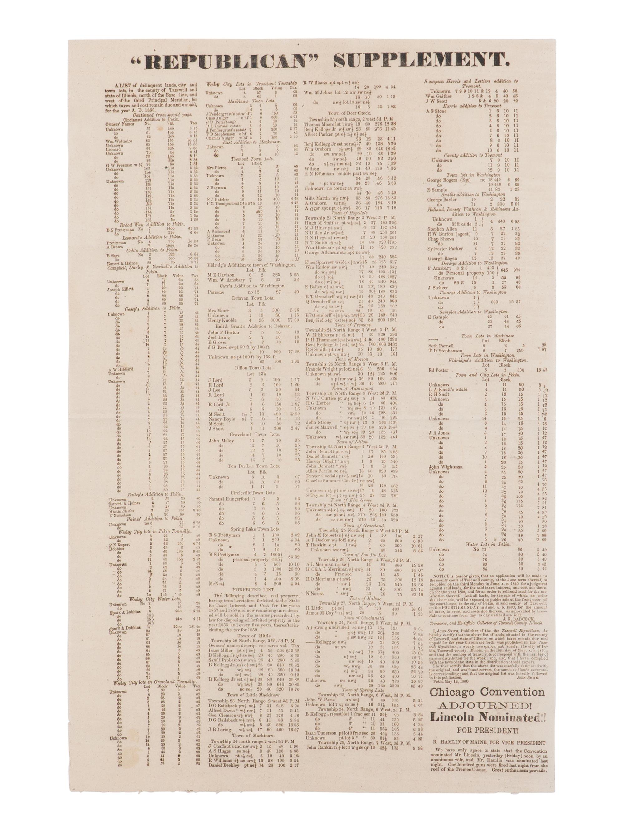 [LINCOLN-HAMLIN CAMPAIGN]. "Republican" Supplement...Chicago Convention Adjourned! Lincoln Nominated!! For President! [Pekin, IL] : Tazewell Republican, ca 19 May 1860.