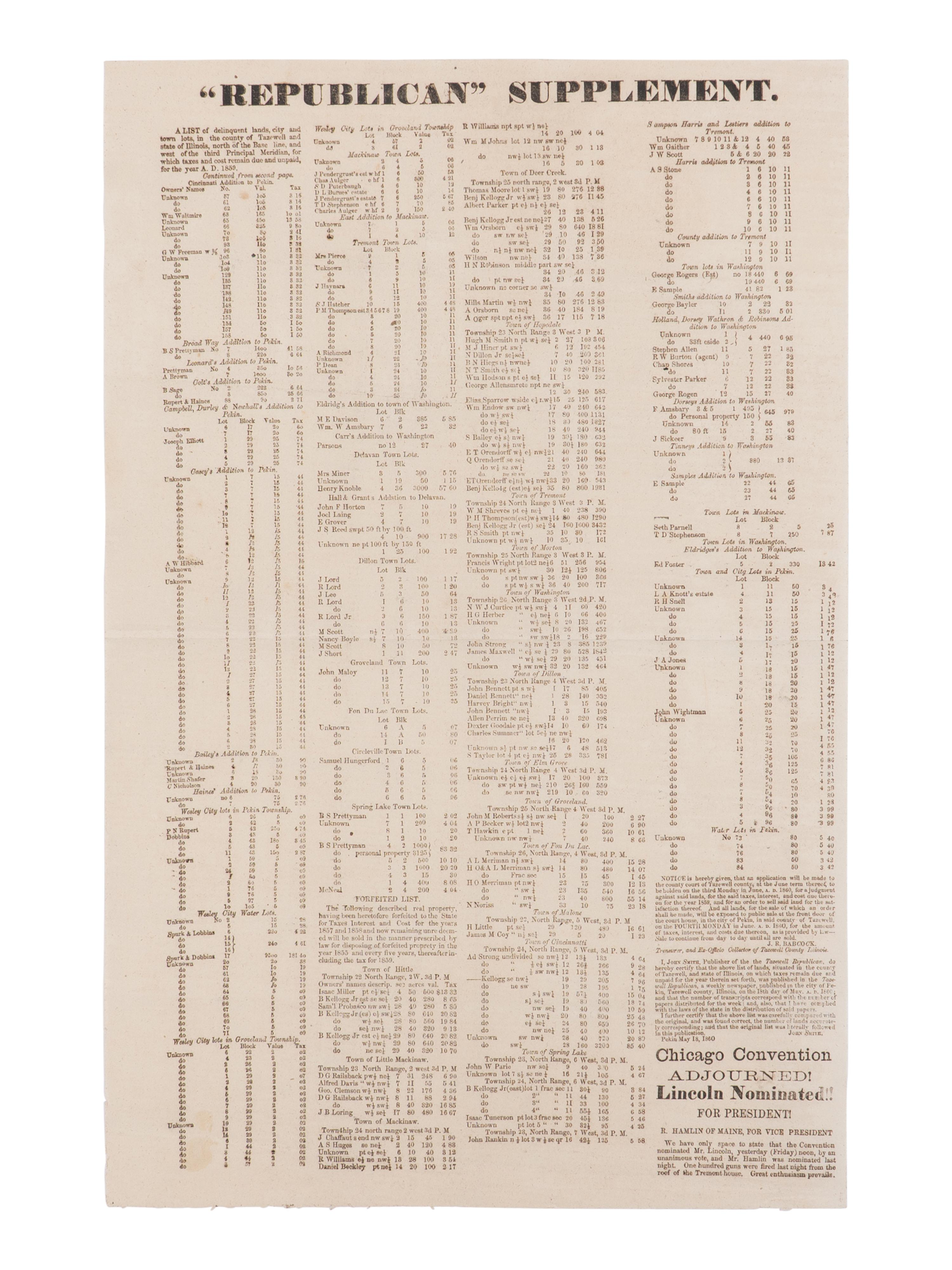 [LINCOLN-HAMLIN CAMPAIGN]. "Republican" Supplement...Chicago Convention Adjourned! Lincoln Nominated!! For President! [Pekin, IL] : Tazewell Republican, ca 19 May 1860.