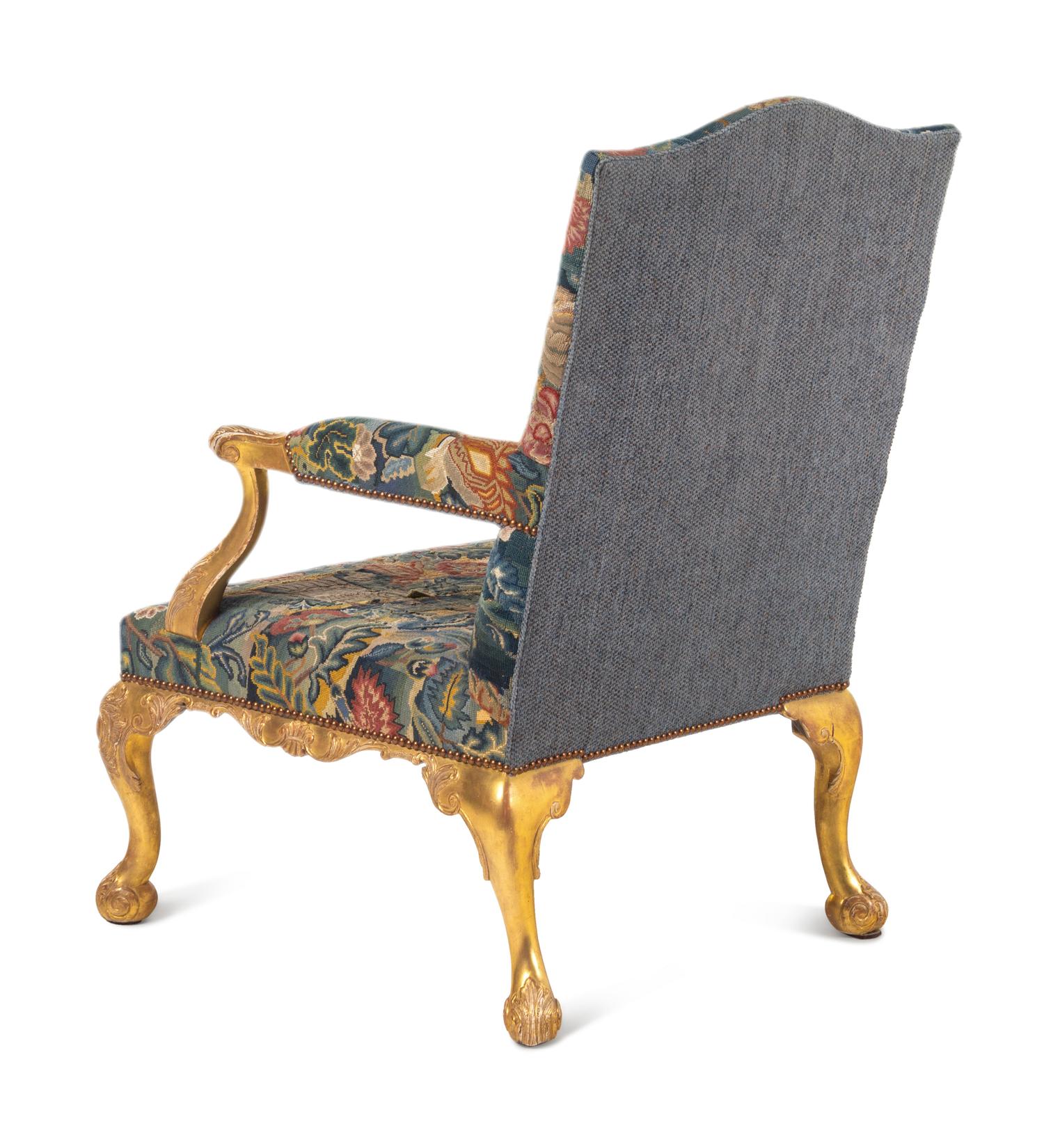 A George II Petit Point and Gros Point-Upholstered Gilt-Gesso Library Armchair