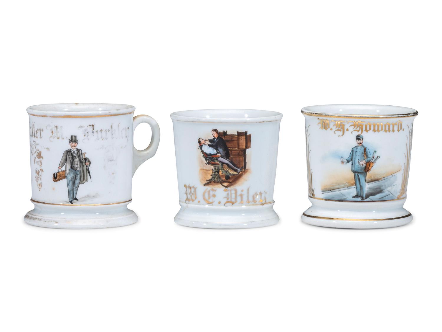 Three Porcelain Occupational Shaving Mugs