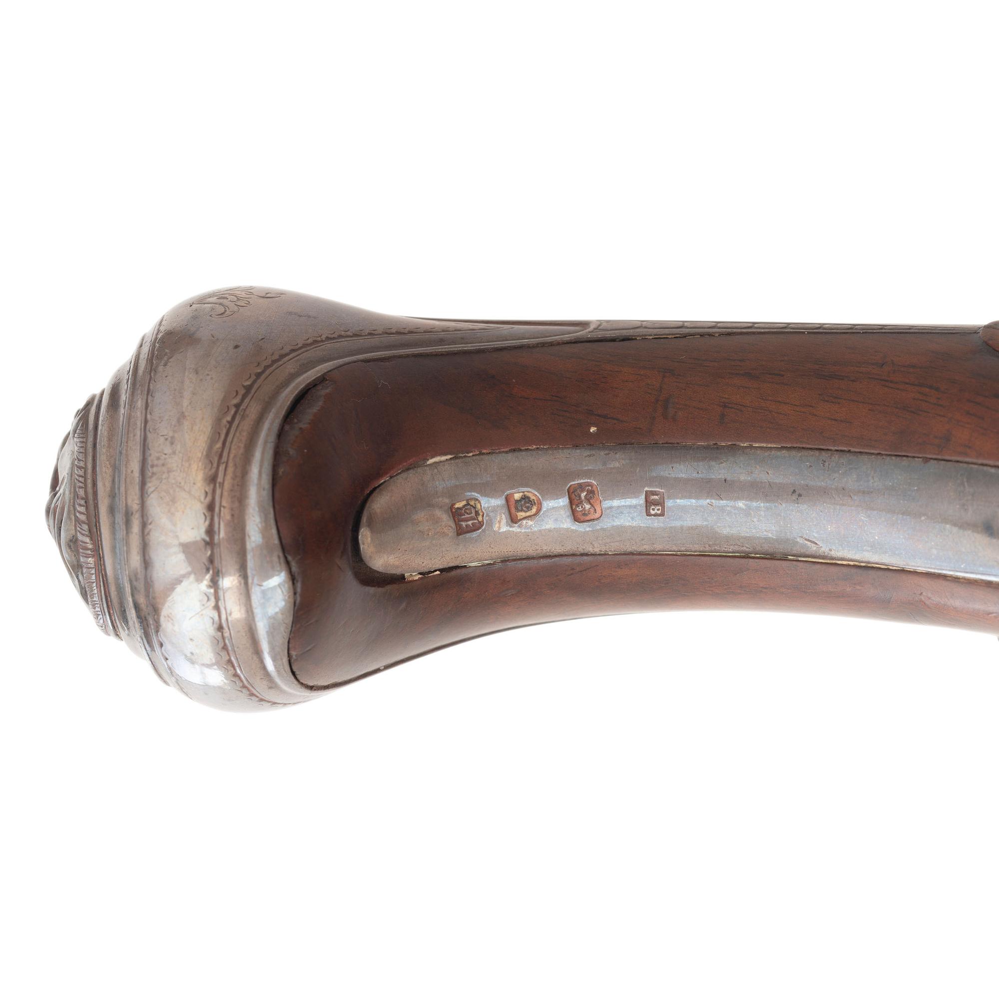 Pair of Silver Mounted English Flintlock Holster Pistols by Barbar