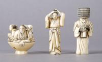 A Group of Three Ivory Netsuke, Height of tallest 2 inches.