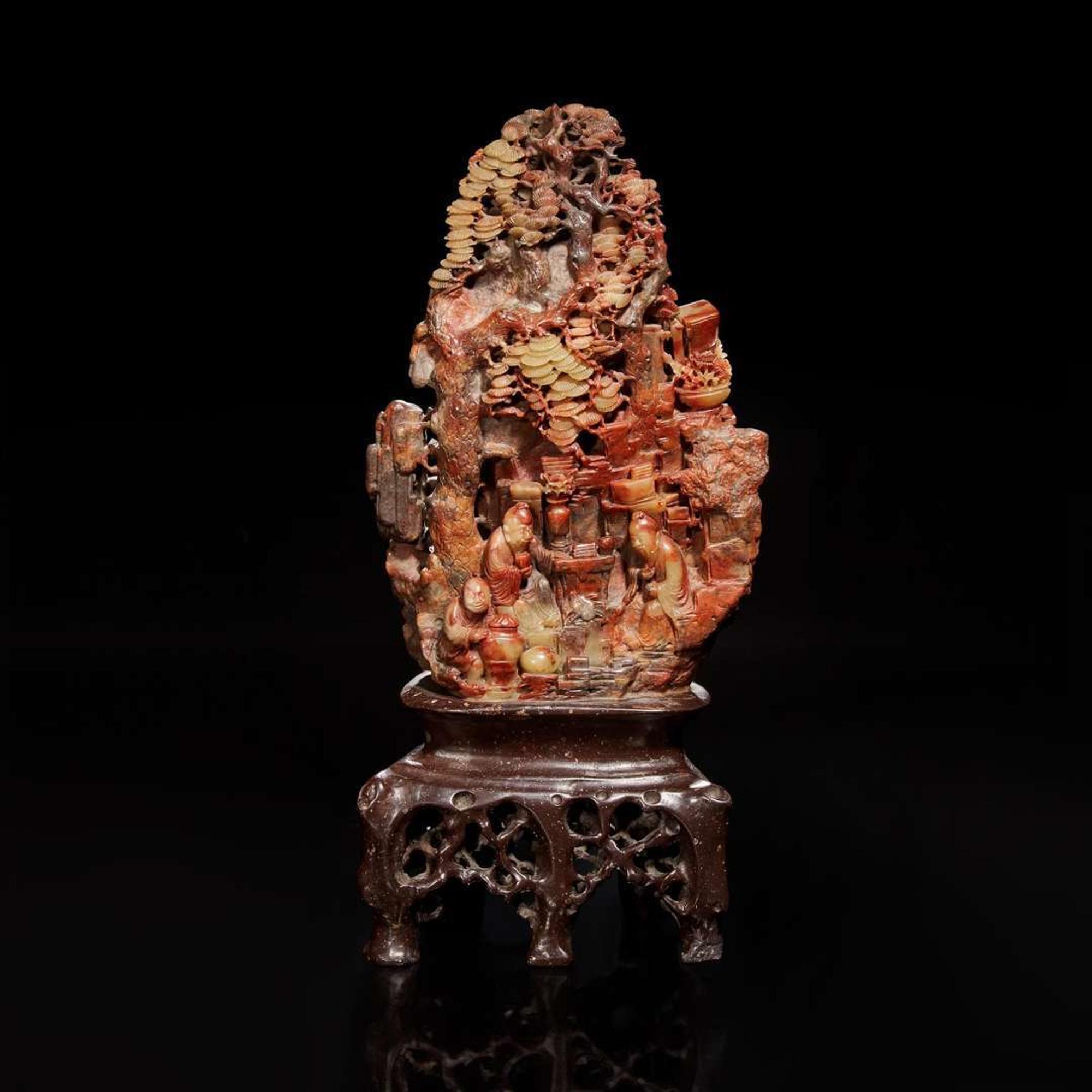 A Chinese carved variegated soapstone mountain with sages 壽山石山子 Late Qing to Republic period ?????