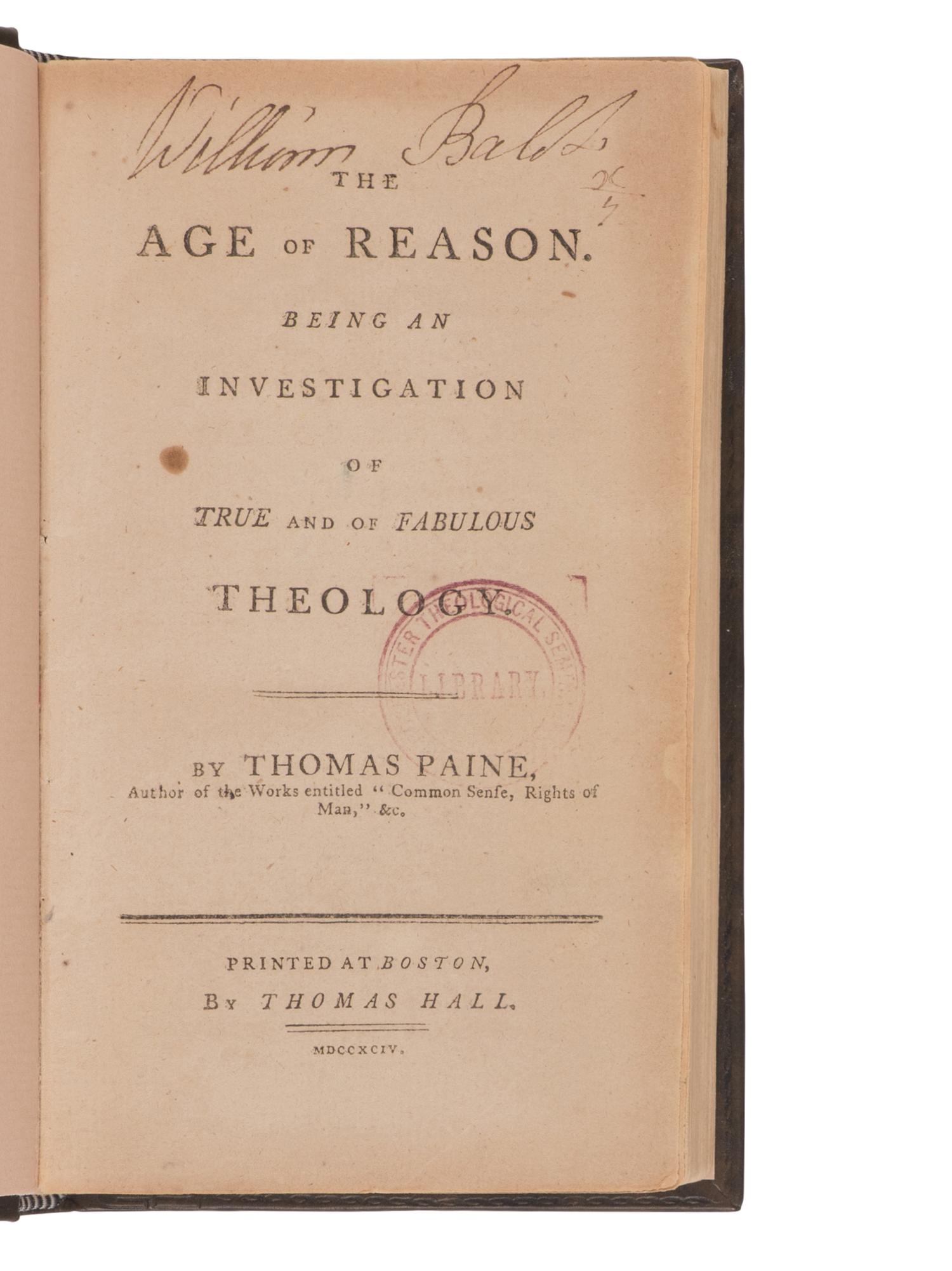 [Americana] Paine, Thomas. The Age of Reason; Being an Investigation of True and of Fabulous Theology