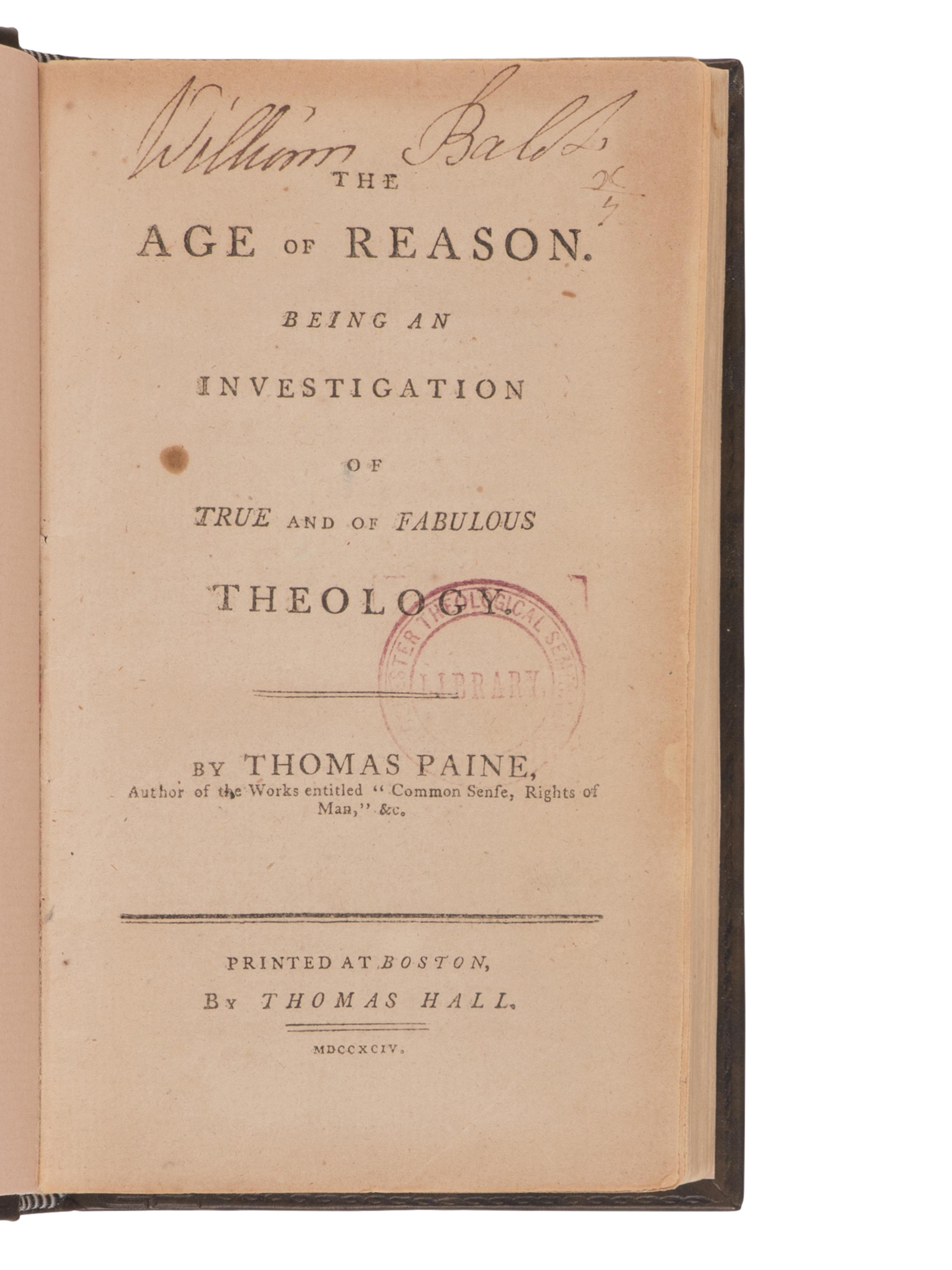 [Americana] Paine, Thomas. The Age of Reason; Being an Investigation of True and of Fabulous Theology