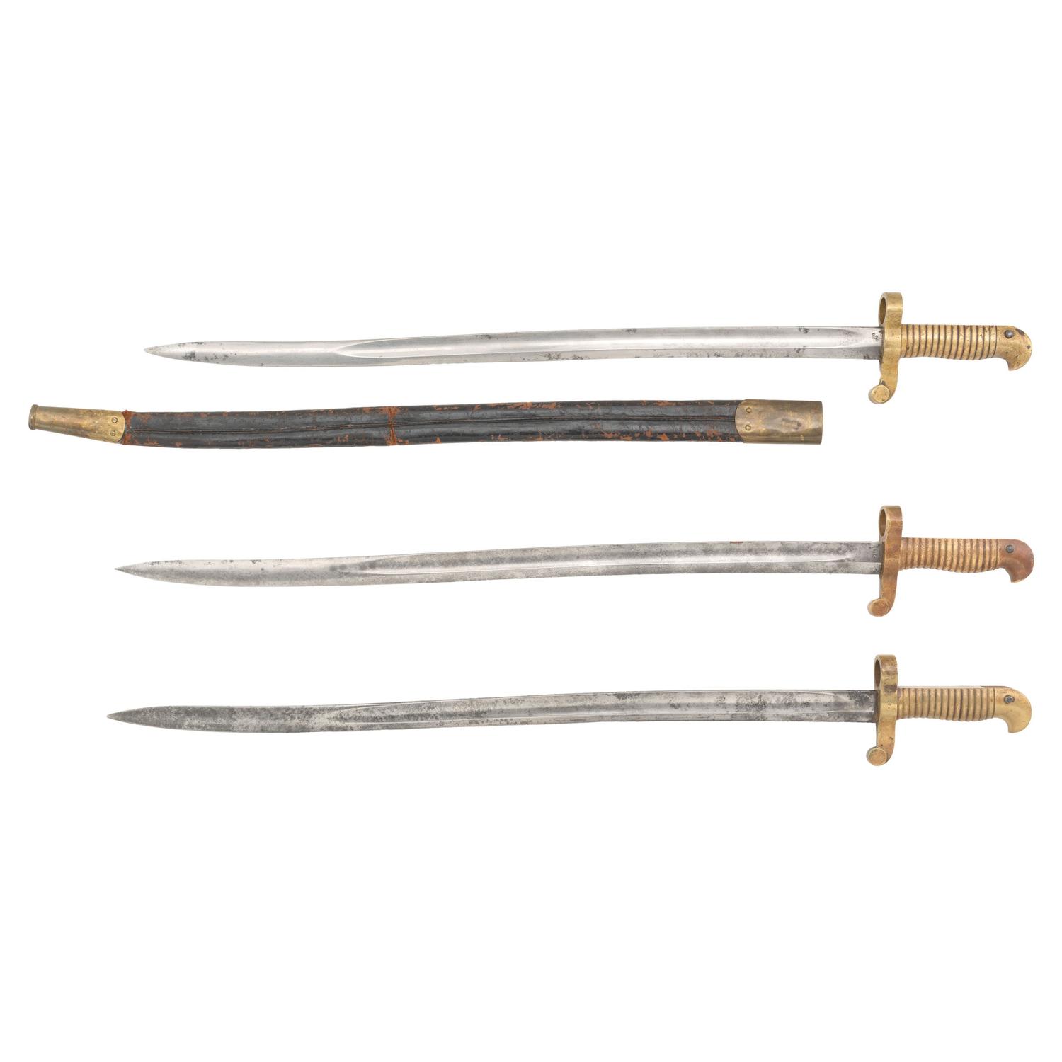 Three US Saber Bayonets for Colt Alteration Mississippi Rifles, One with Scabbard