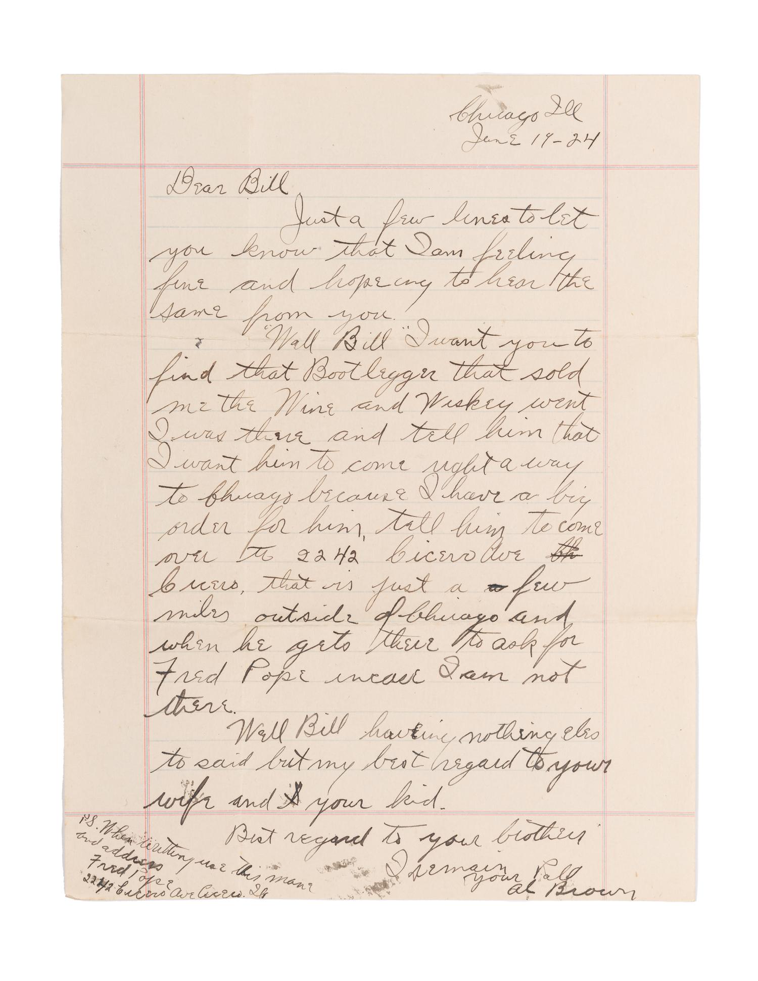 CAPONE, Alphonse ("Al") (1899-1947). Autograph letter signed (as "Al Brown"), to Bill [Sells]. Chicago, IL, 14 June 1924.