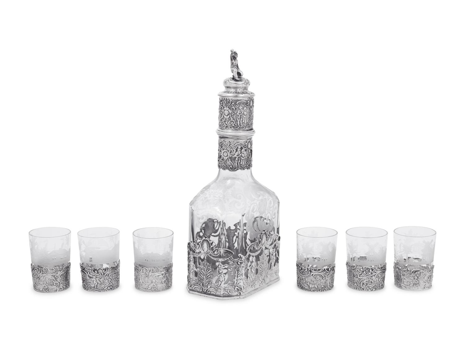 A Continental Silver Mounted Etched Glass Drink Service
