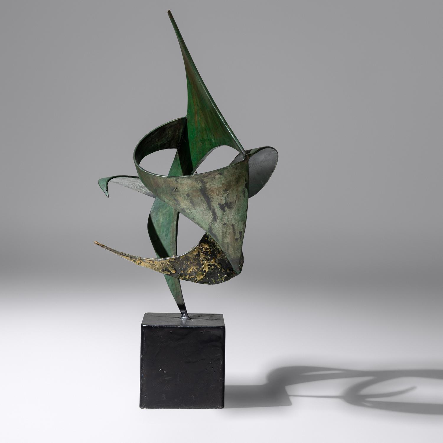 Cradle torch cut, acid etched verde sculpture
