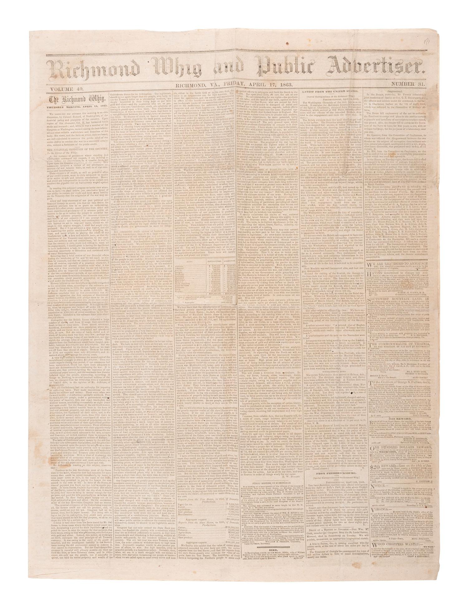 [CIVIL WAR]. 75+ Southern and Confederate newspapers reporting on the war and politics of the era.