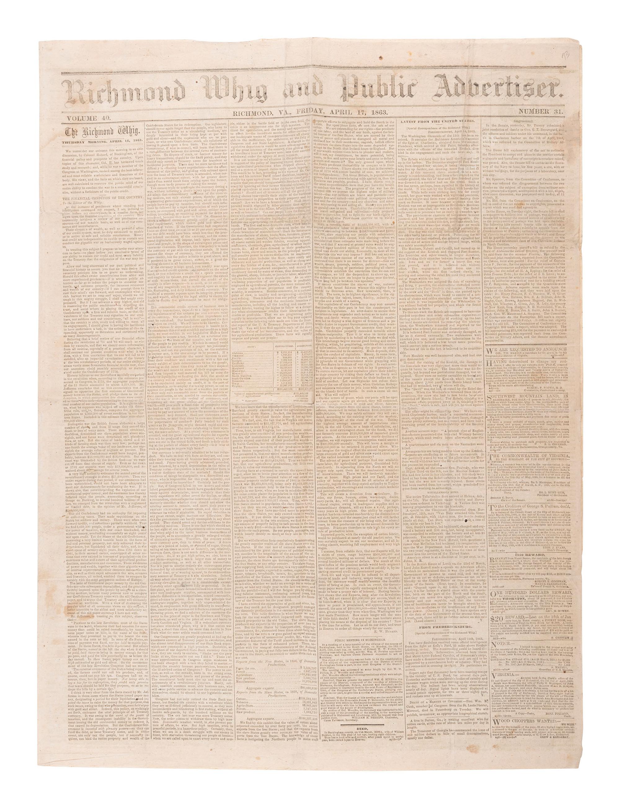 [CIVIL WAR]. 75+ Southern and Confederate newspapers reporting on the war and politics of the era.